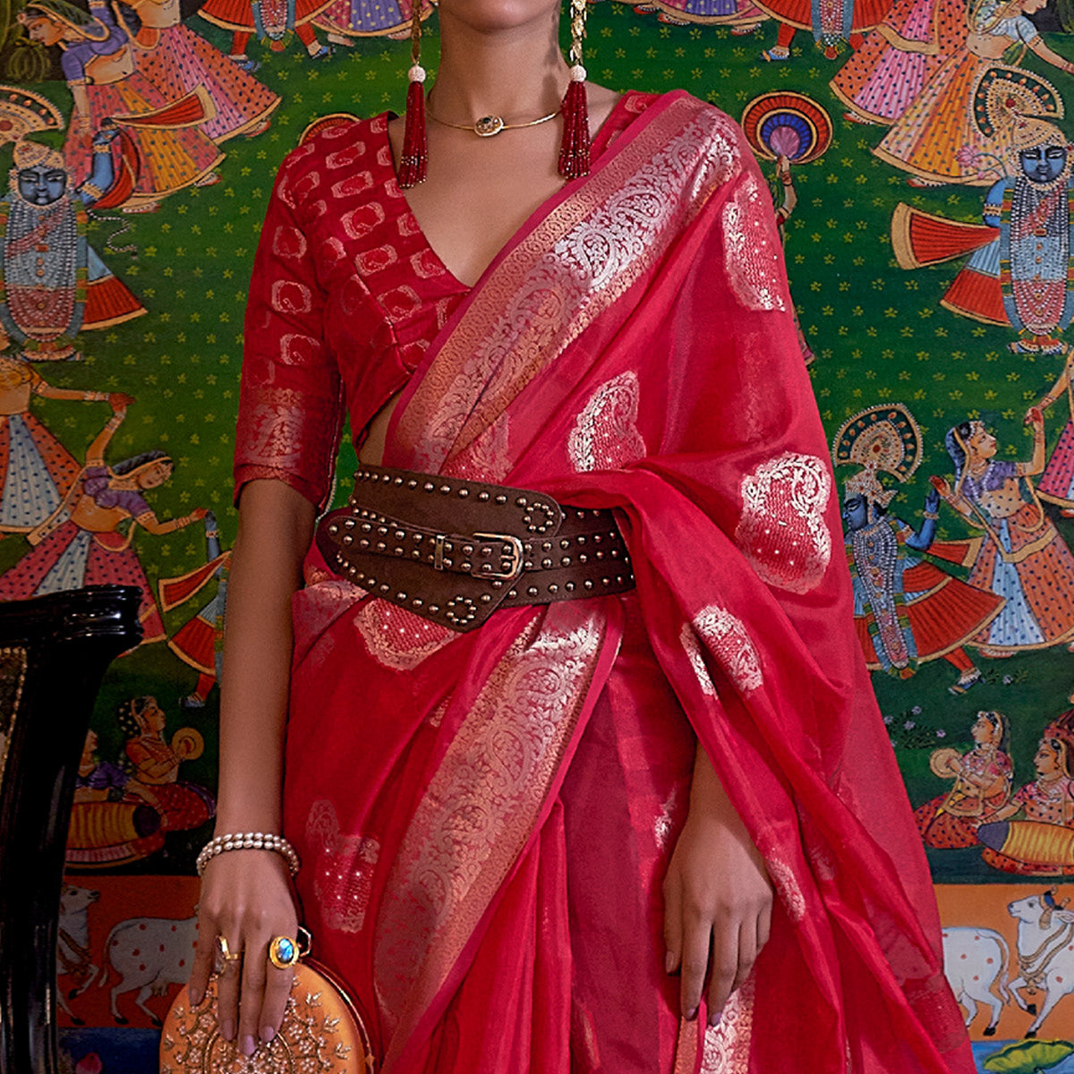 Red Woven Organza Saree With Tassels