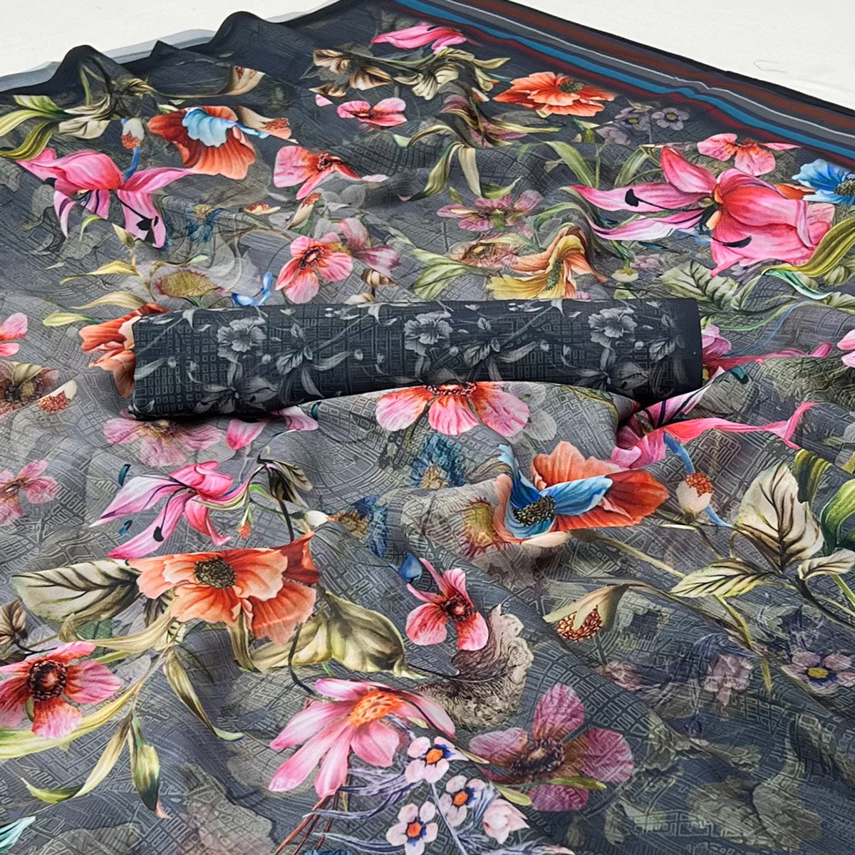 Grey Floral Digital Printed Georgette Saree