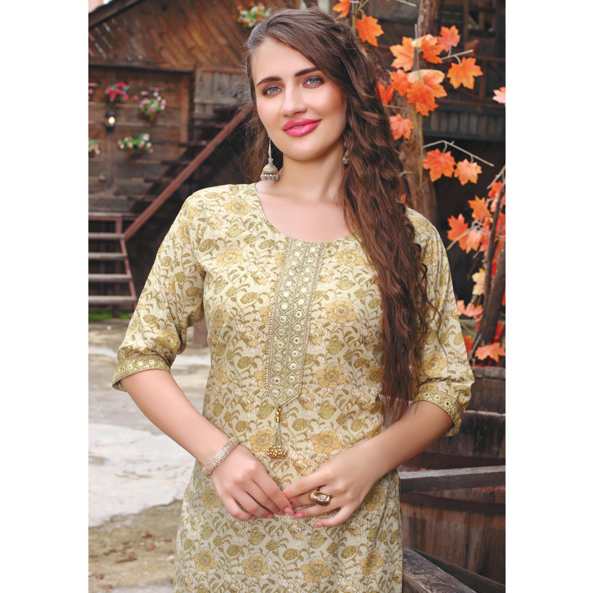 Beige Printed Muslin Kurti