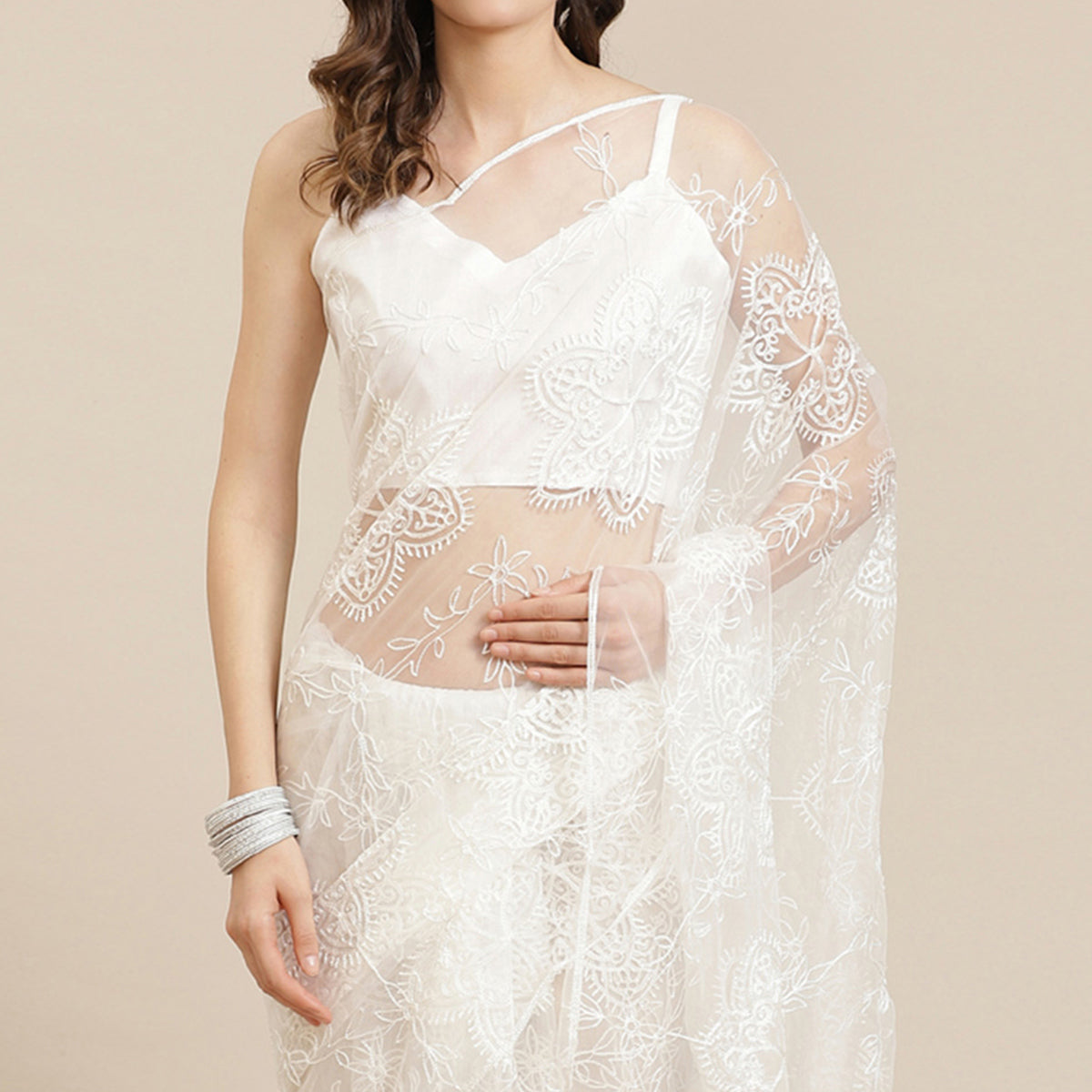 White Floral Embroidered Net Saree