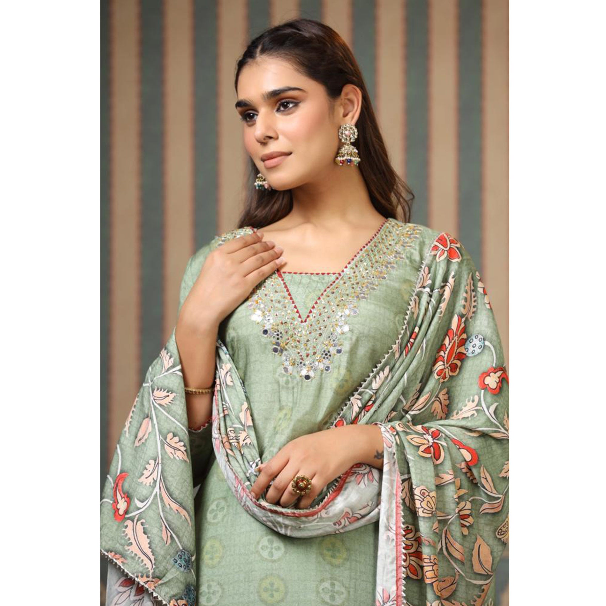 Green Printed With Gota Work Muslin Salwar Suit