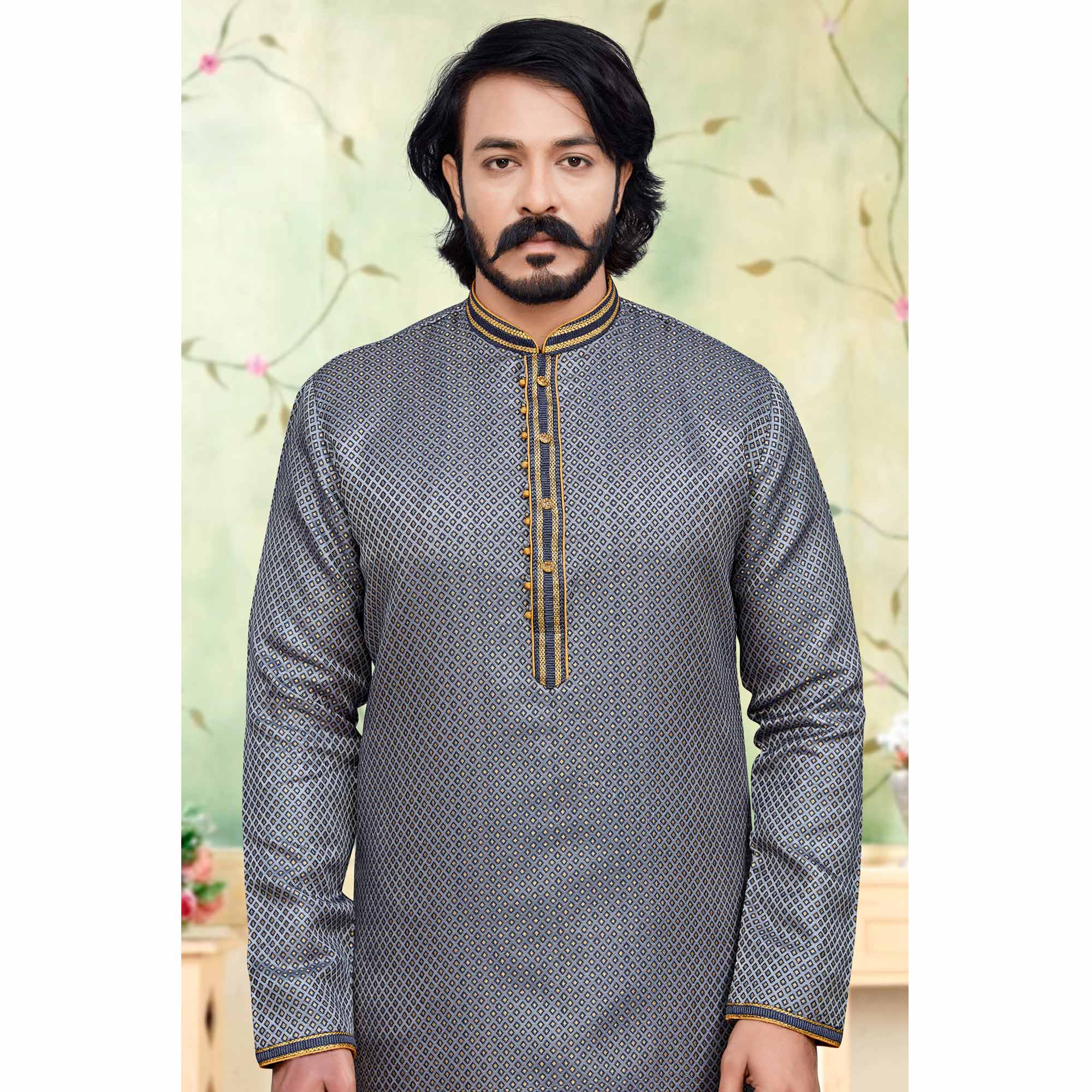 Grey Woven Jacquard Kurta Pyjama Set