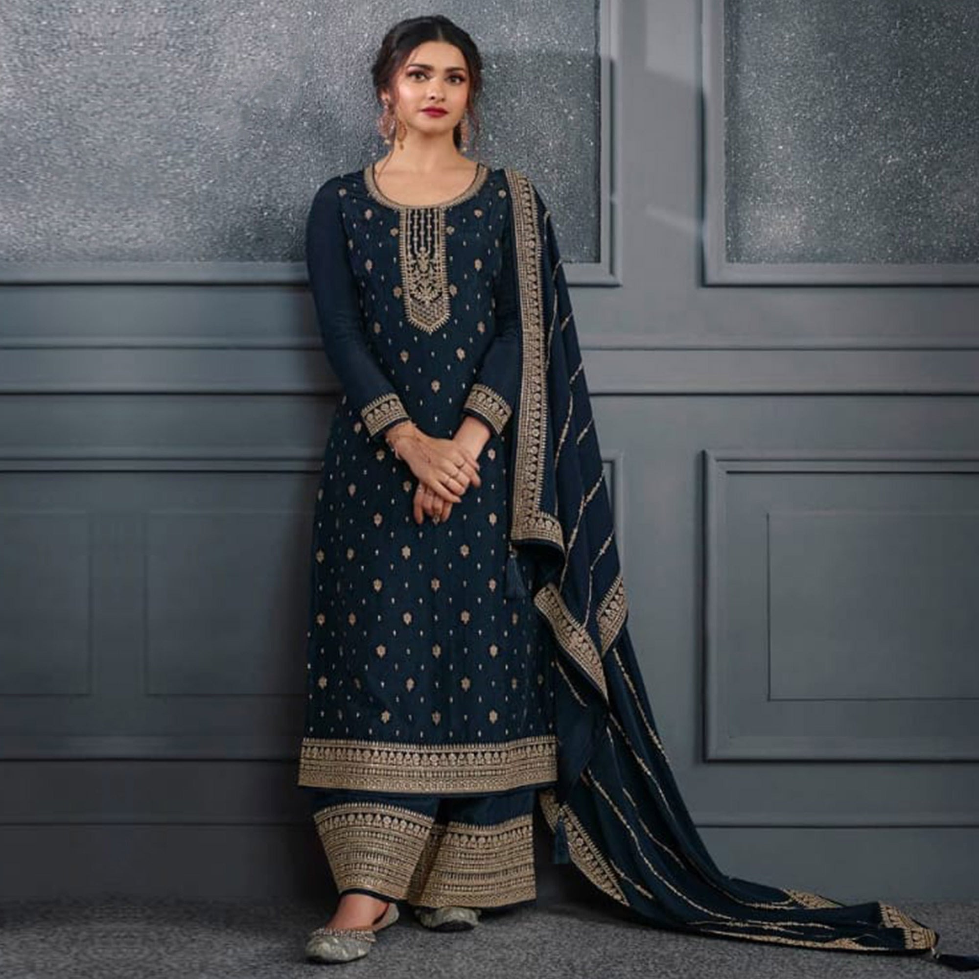 Navy Blue Woven With Sequins Embroidered Dola Silk Palazzo Suit
