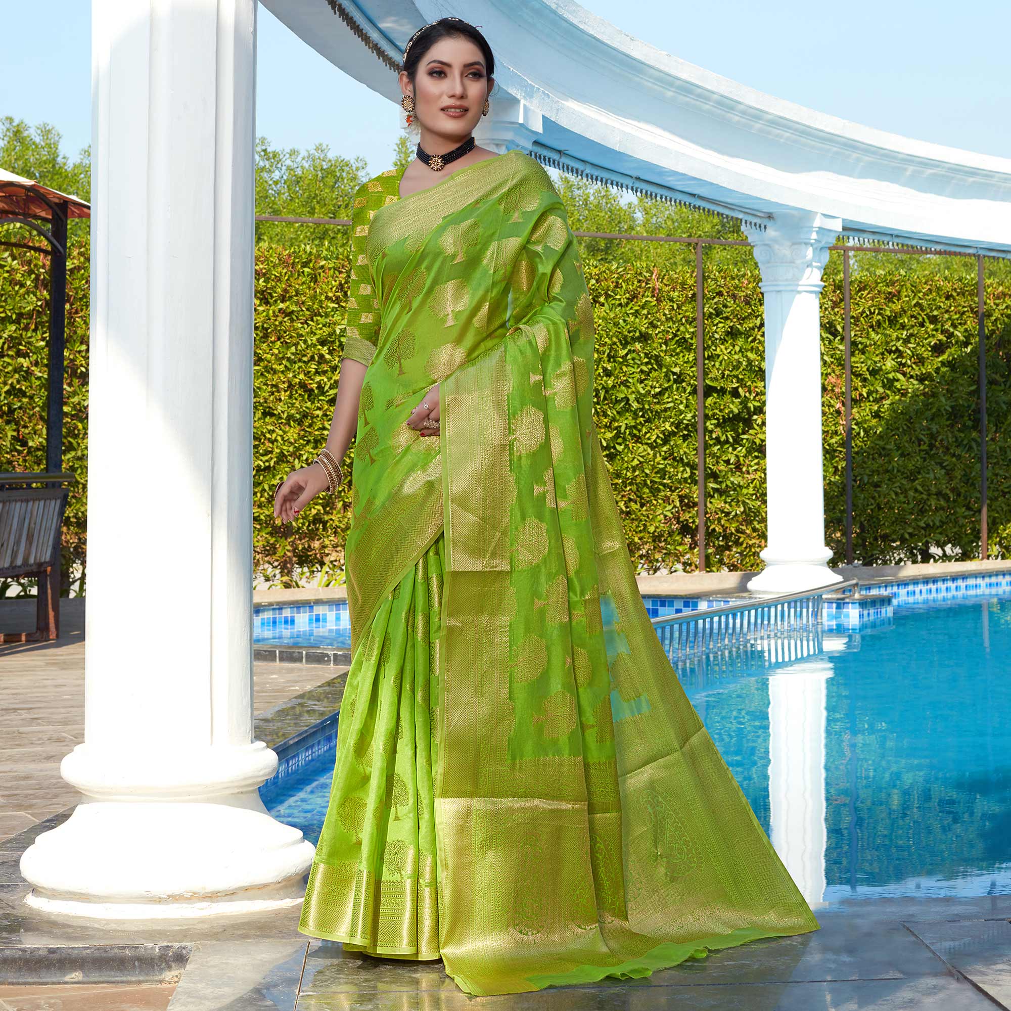 Parrot Green Woven Organza Saree