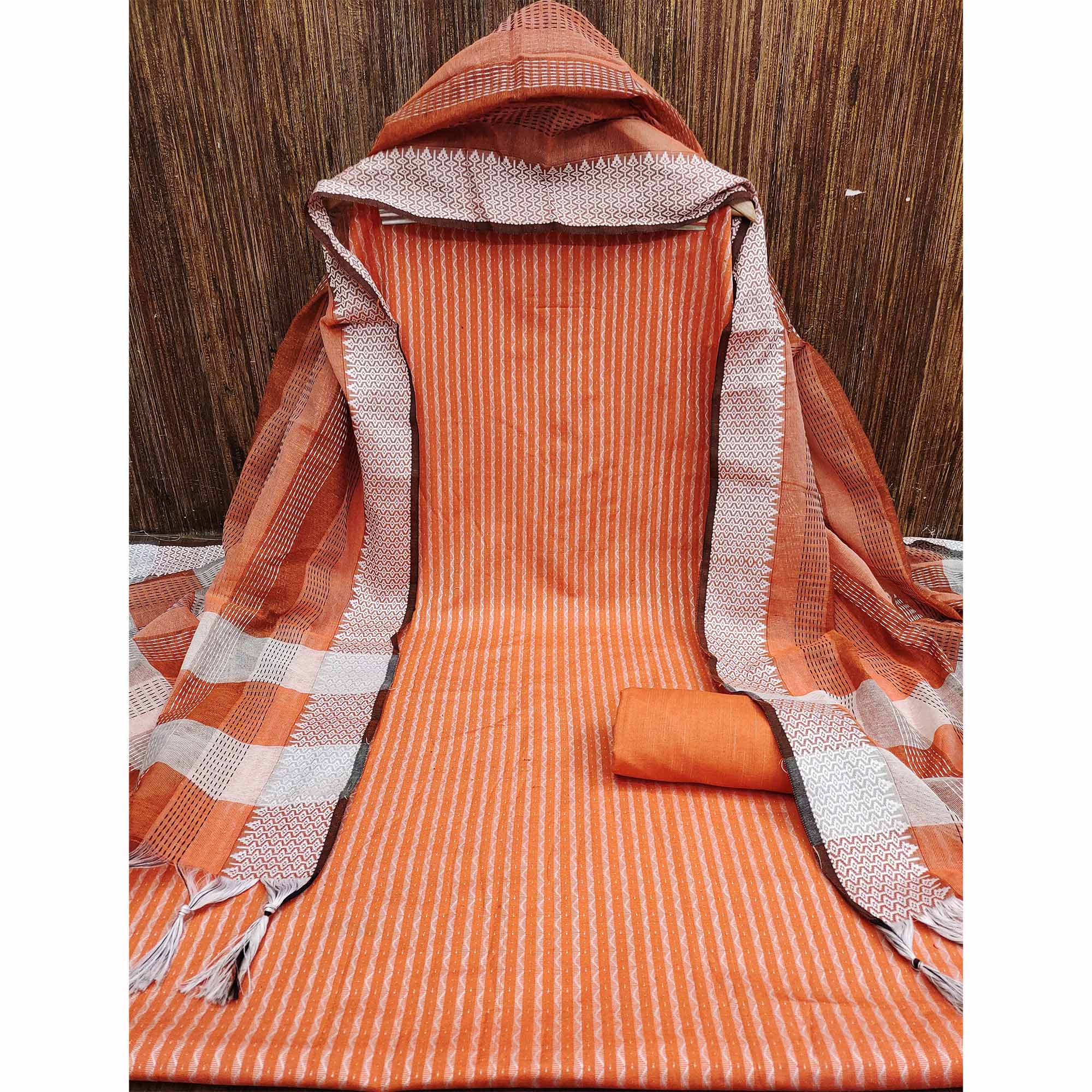 Orange Woven Cotton Blend Dress Material