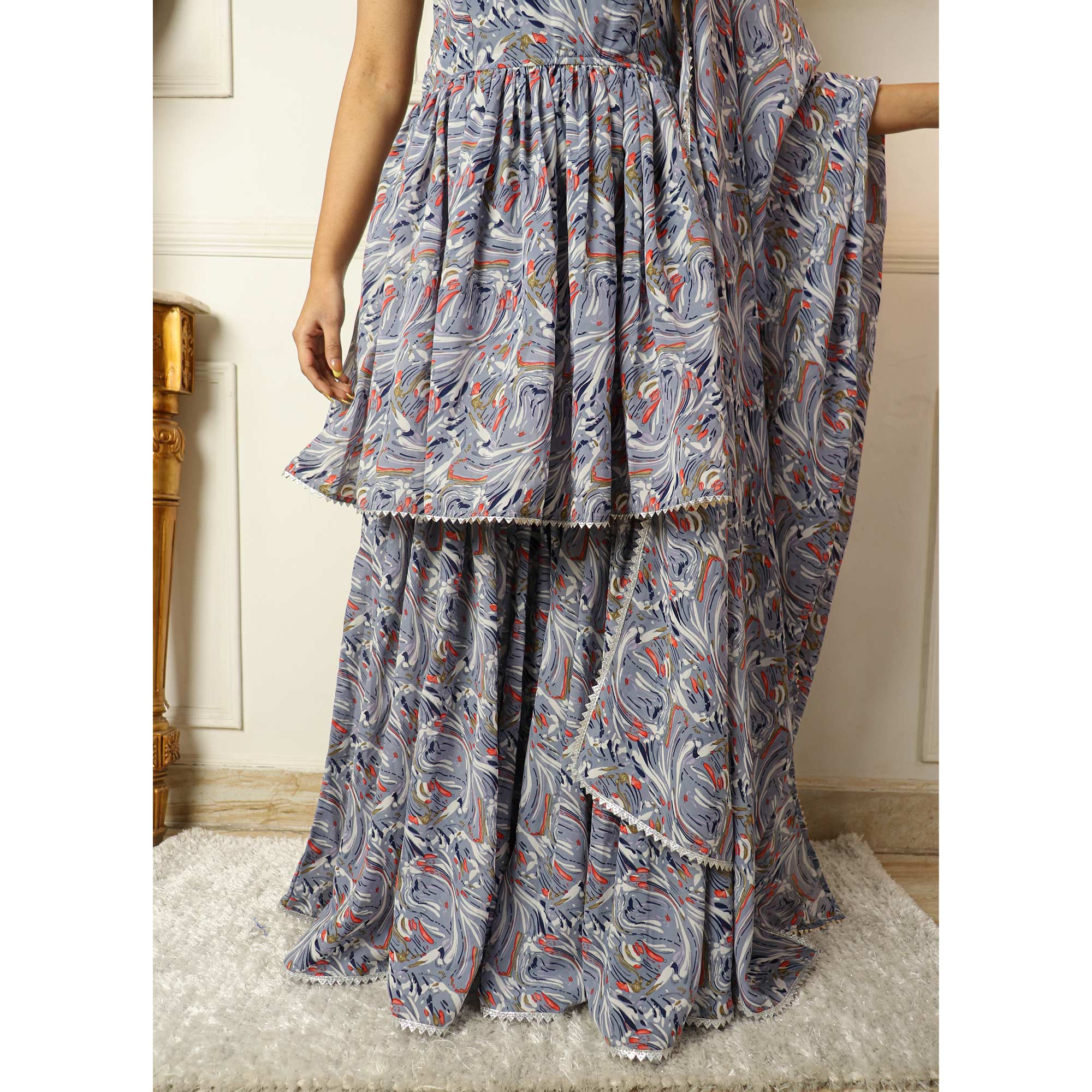 Grey Printed With Gota Work Georgette Sharara Suit