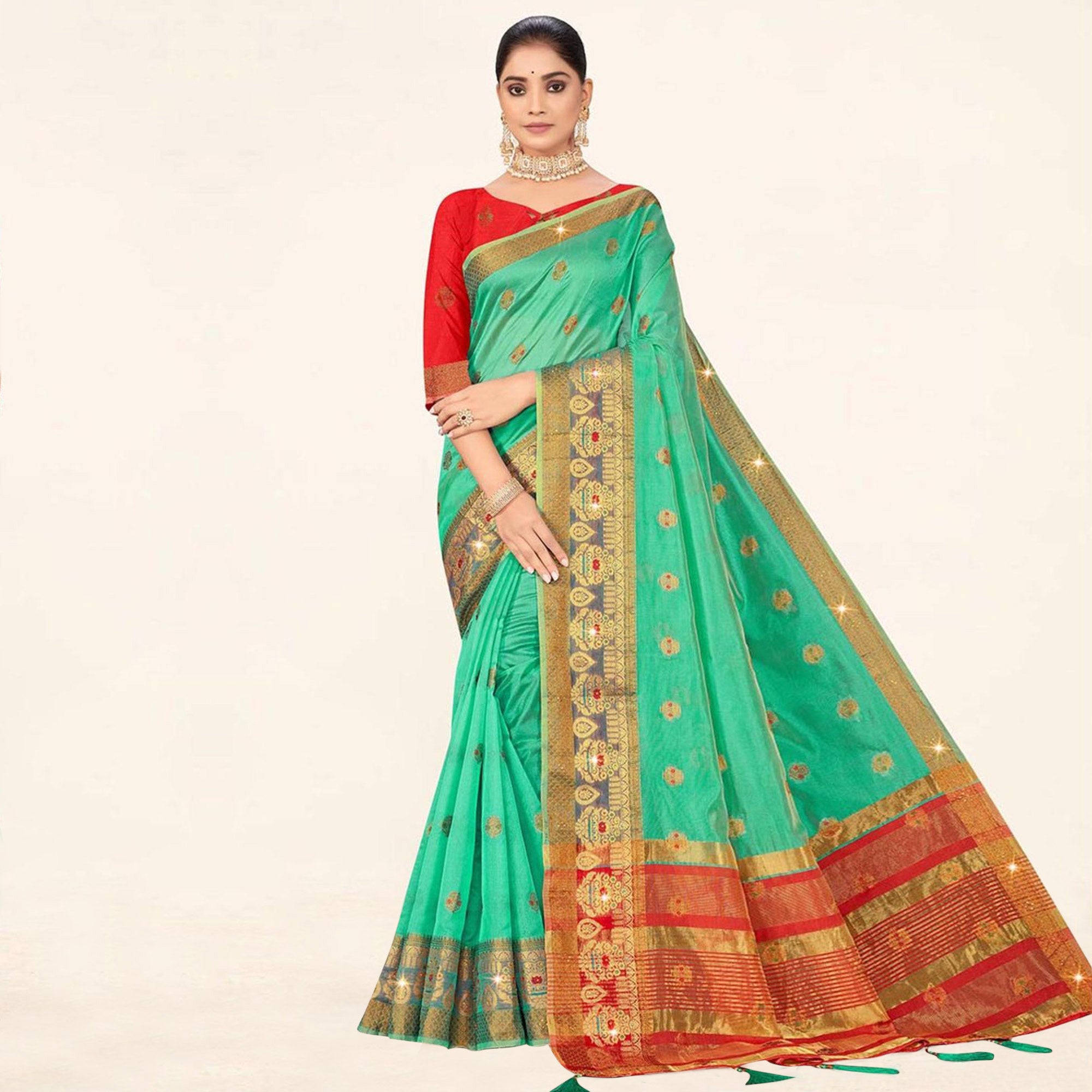 Turquoise Woven Organza Saree With Tassels