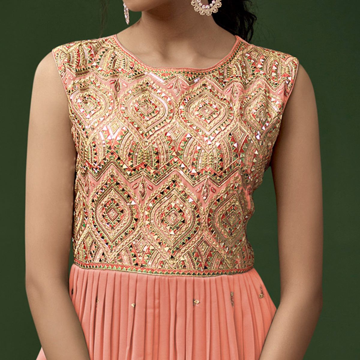 Peach Sequins With Mirror Embroidered Georgette Jumpsuit