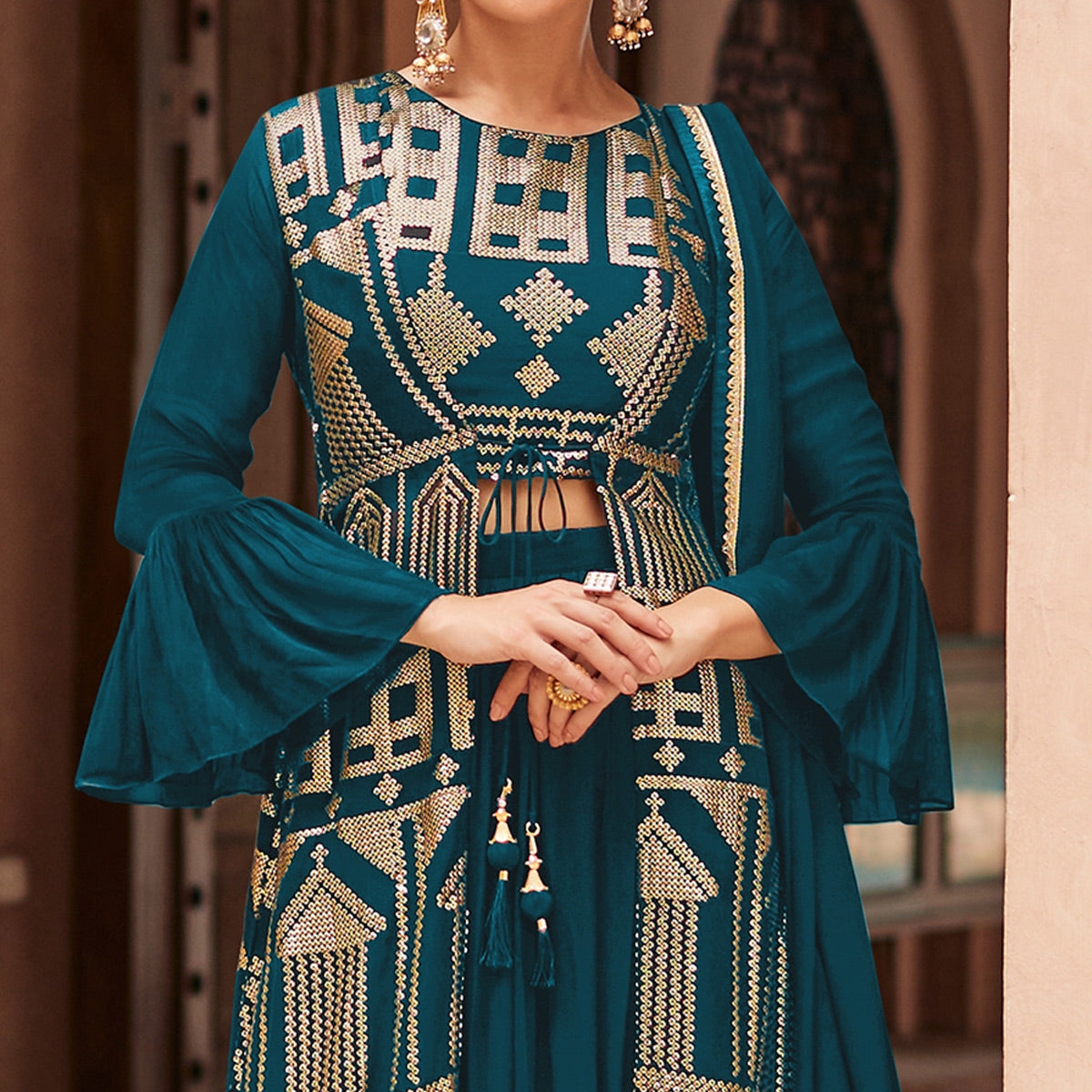 Aqua Blue Sequins Embroidered Georgette Sharara Choli With Jacket