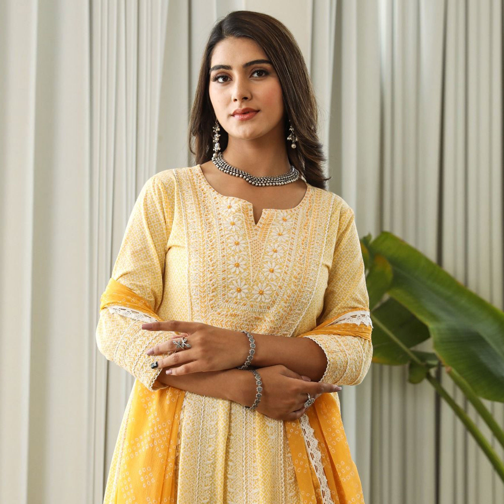 Yellow Floral Embroidered Pure Cotton Anarkali Suit