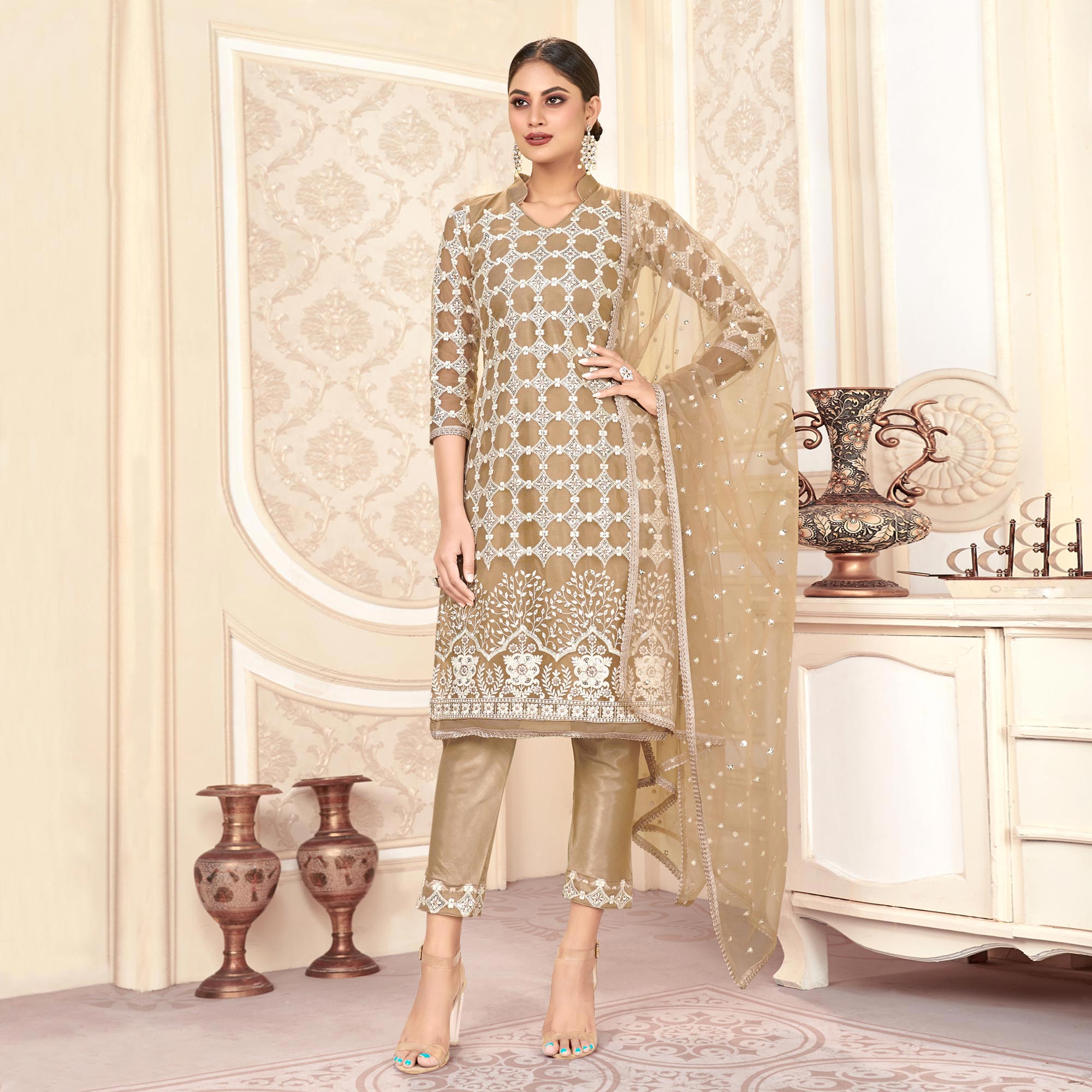 Brown Sequins Embroidered Net Semi Stitched Suit