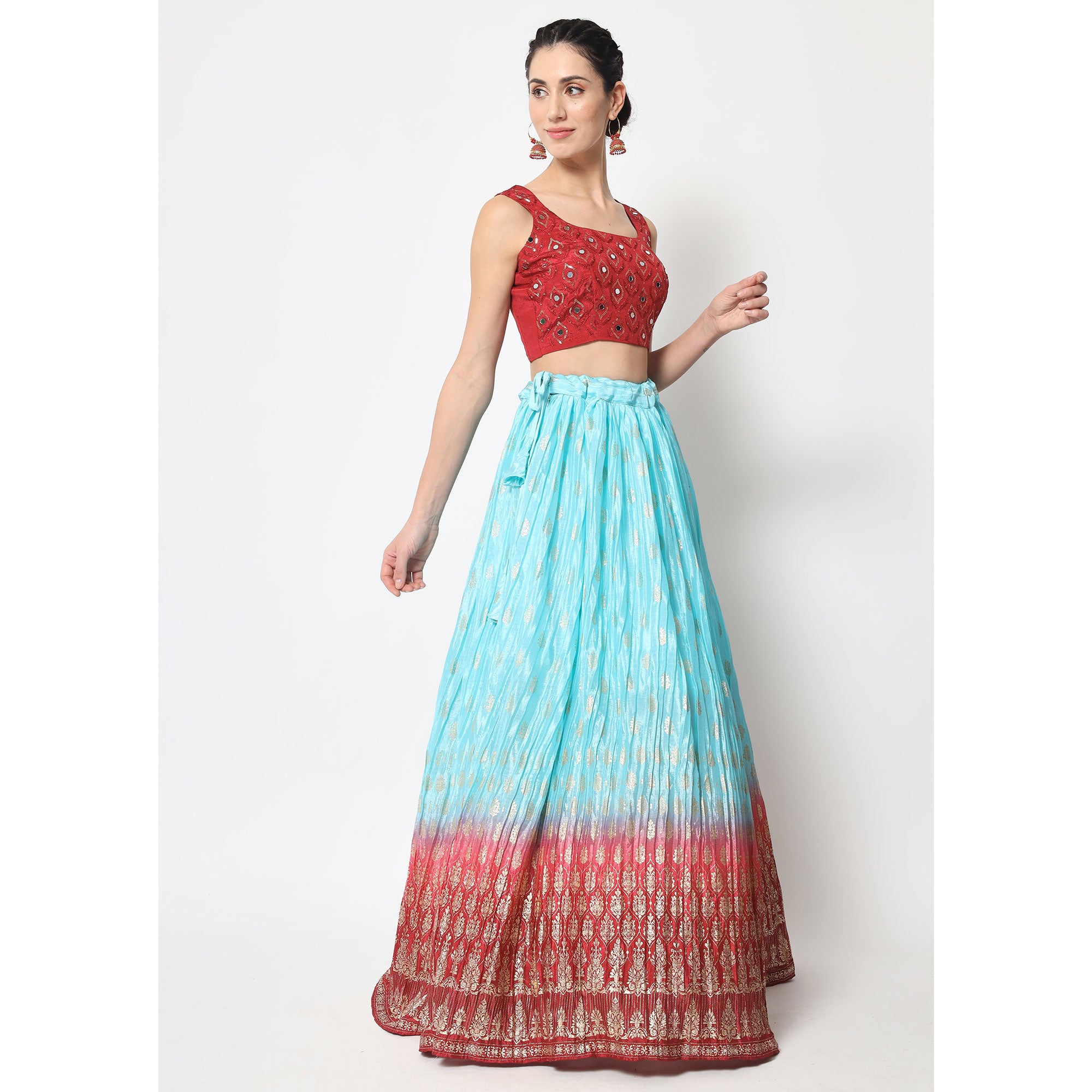 Sky Blue Foil Printed Chiffon Lehenga Choli