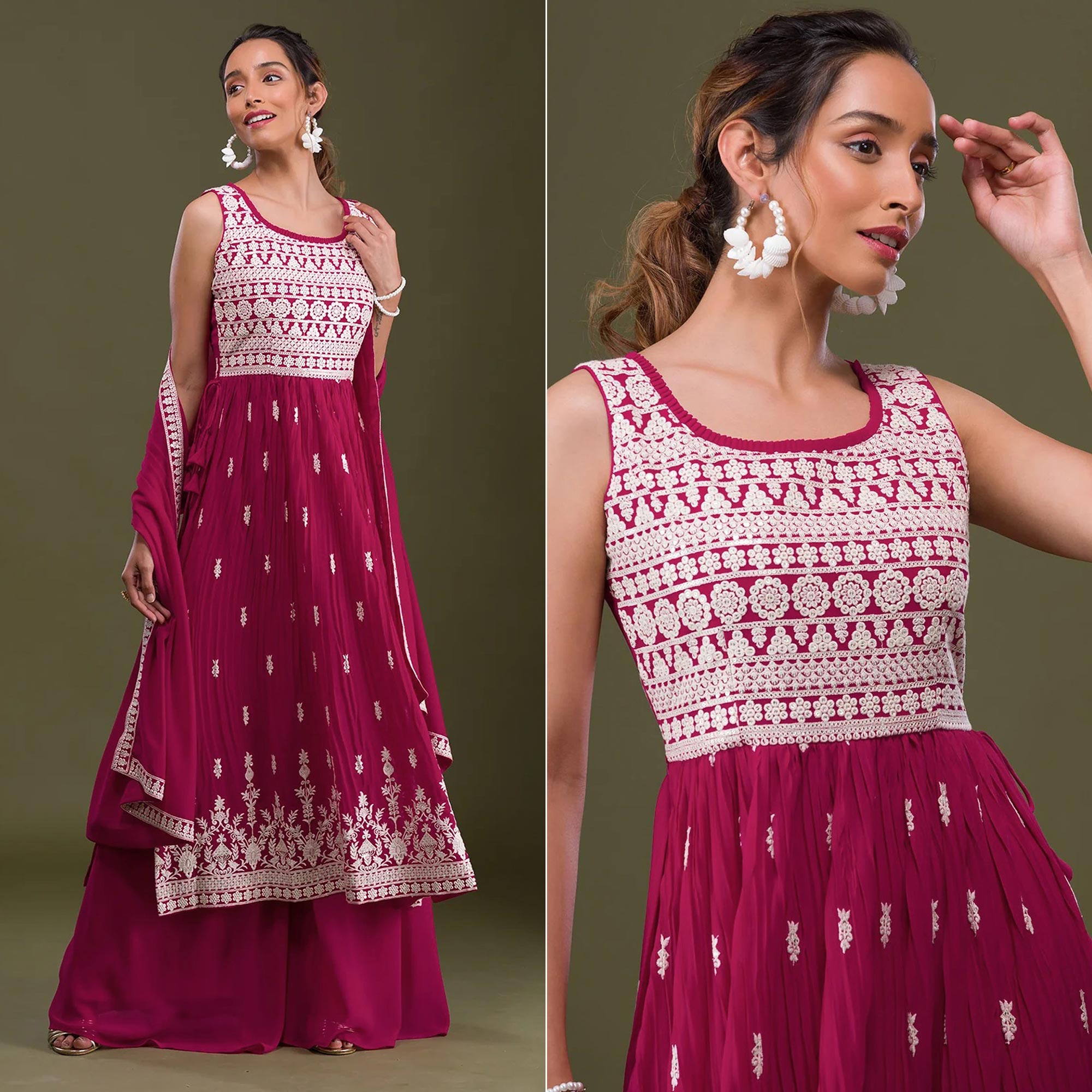 Pink Embroidered Georgette Naira Cut Semi Stitched Palazzo Suit