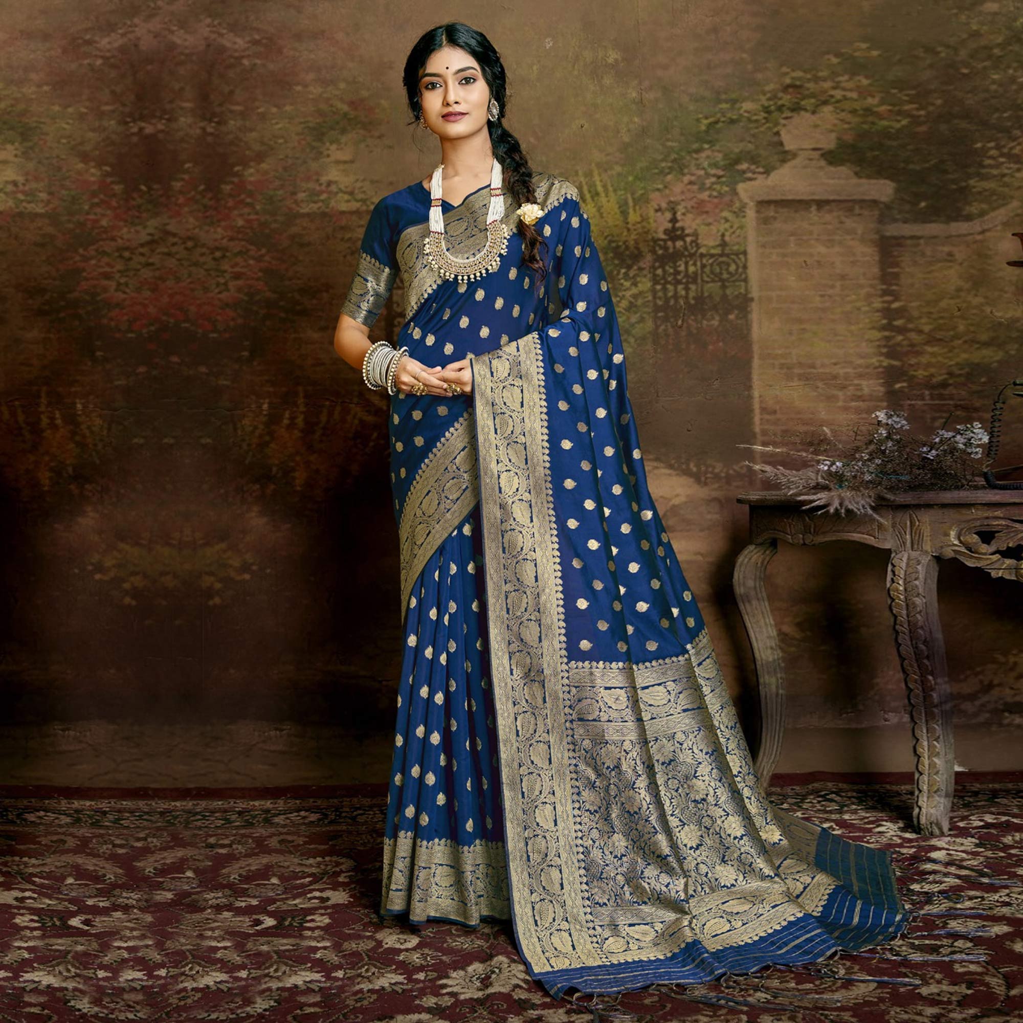 Blue Woven Banarasi Silk Saree With Tassels