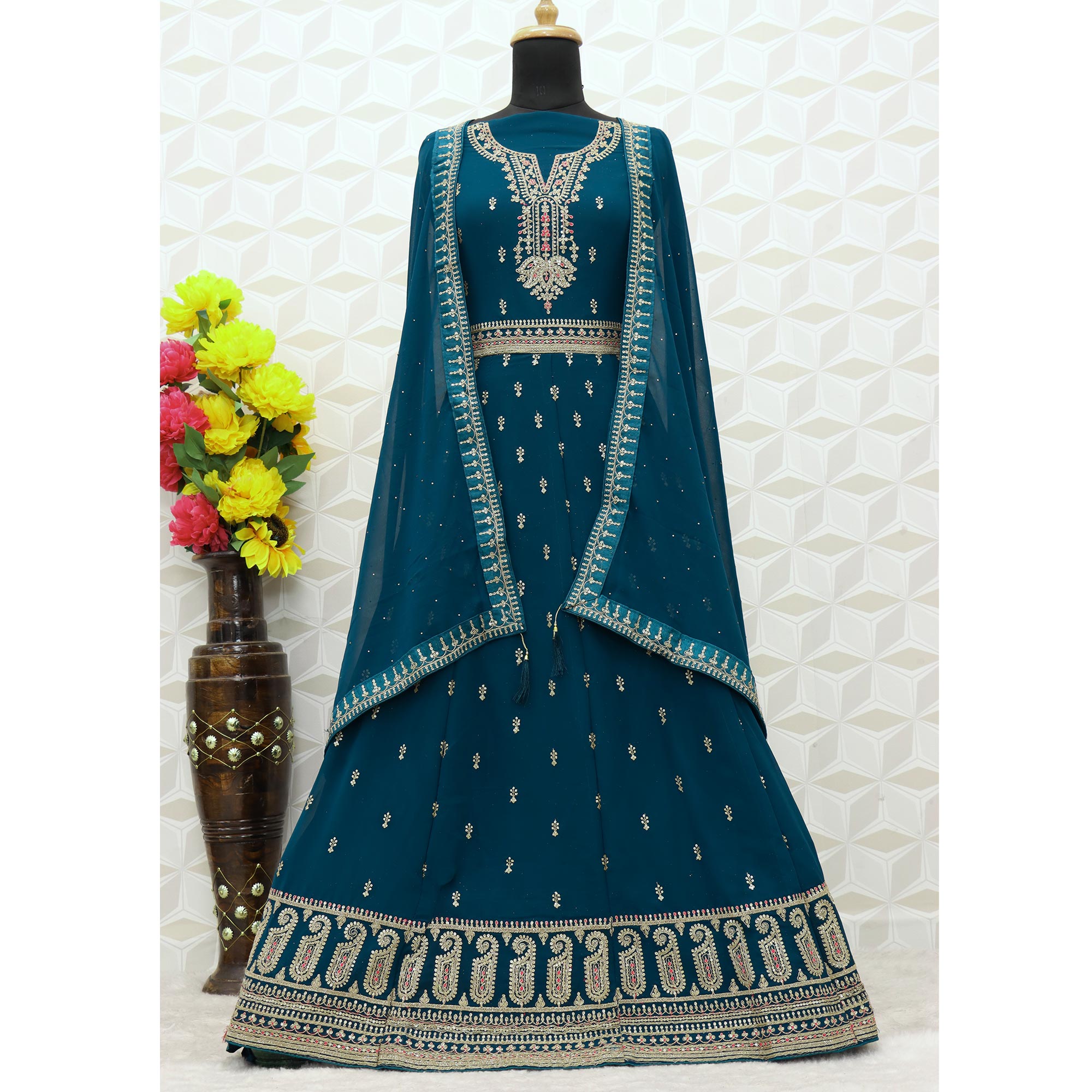 Teal Blue Sequins Embroidered Georgette Semi Stitched Anarkali Suit