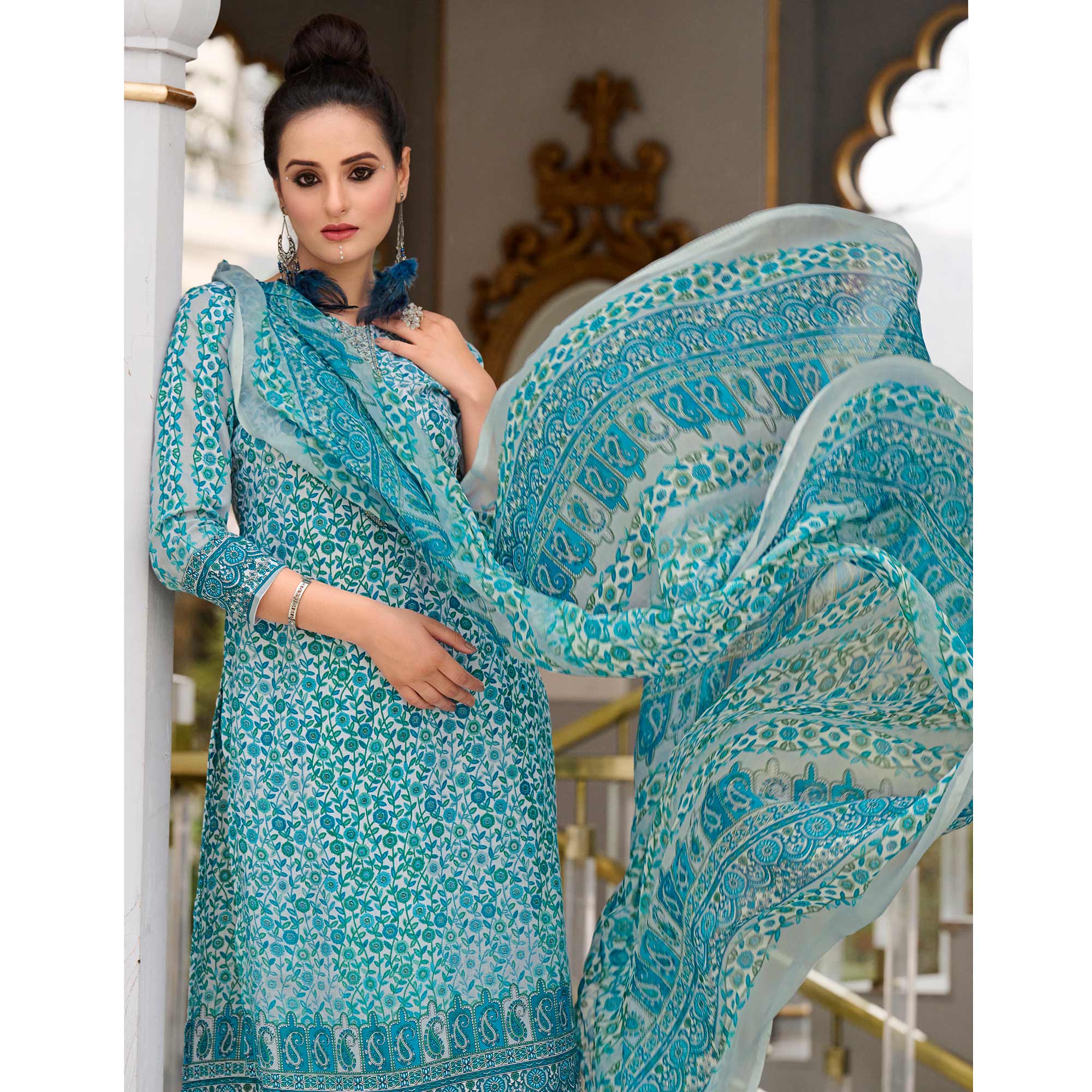 Blue Printed With Embroidered Pure Cotton Salwar Suit