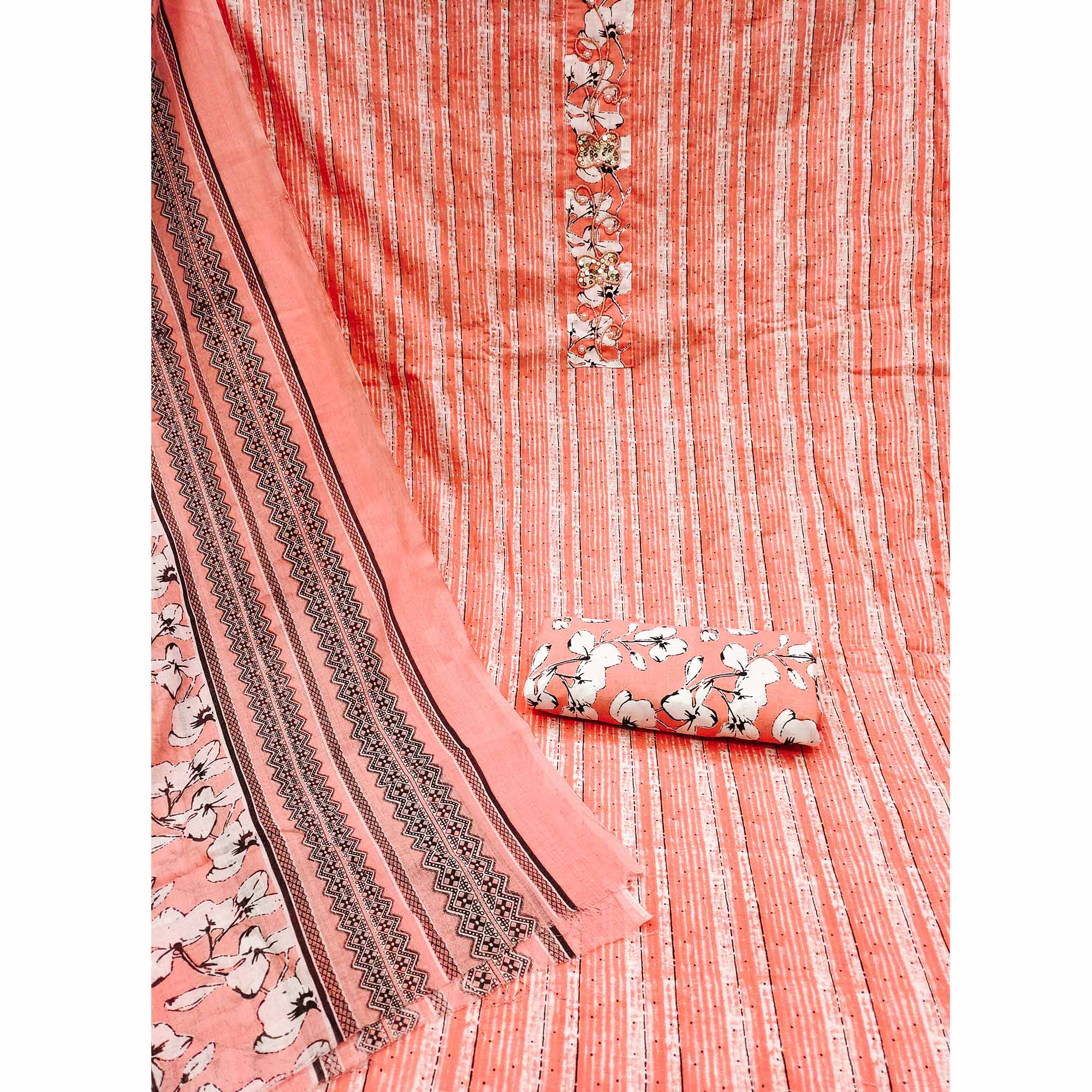 Peach Printed Cotton Dress Material