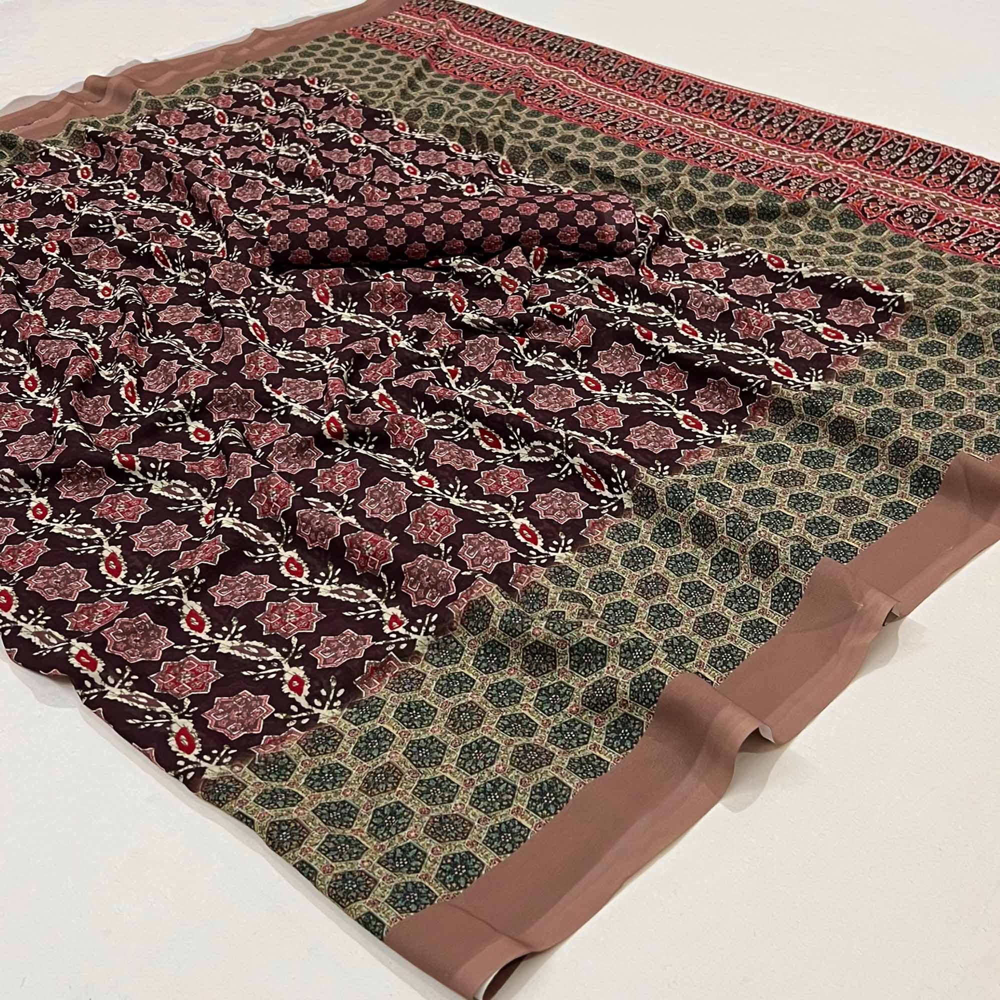 Wine Floral Digital Printed Georgette Saree