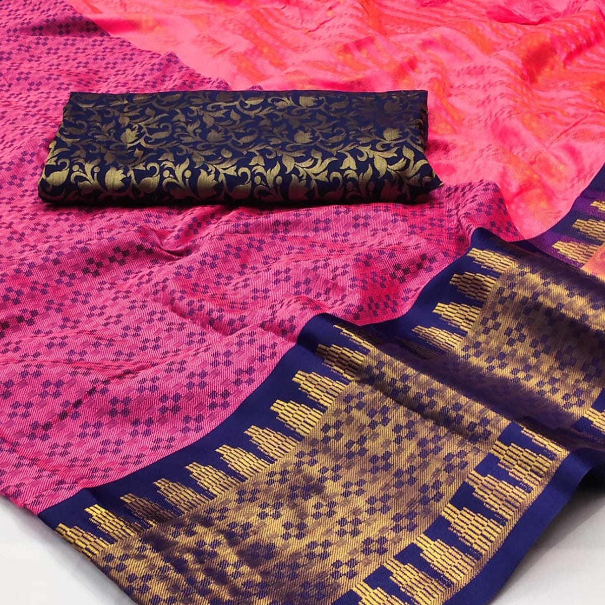 Pink Woven Cotton Silk Saree With Tassels