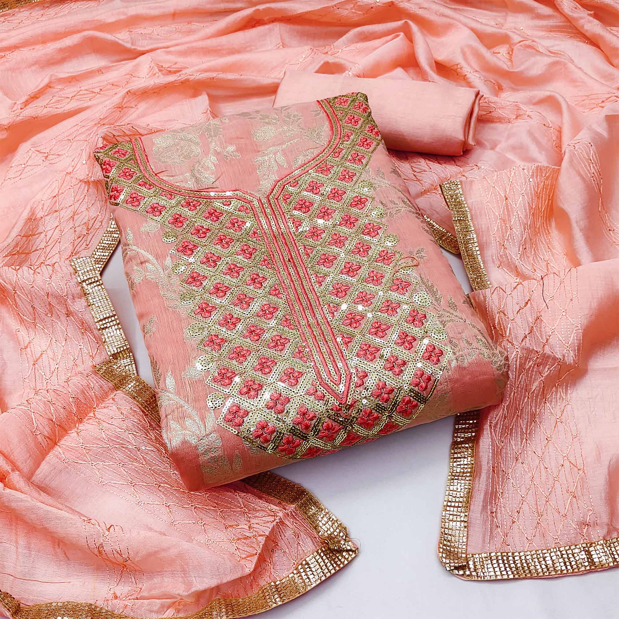 Peach Woven With Sequins Work Modal Dress Material