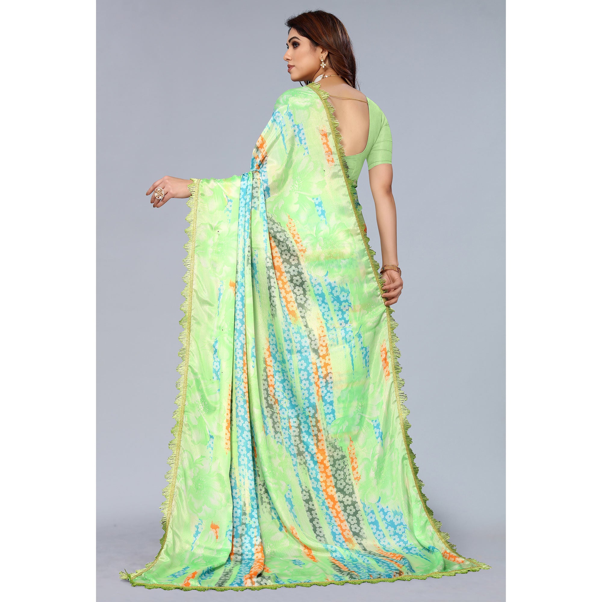 Parrot Green Floral Printed Art Silk Saree With Crochet Border
