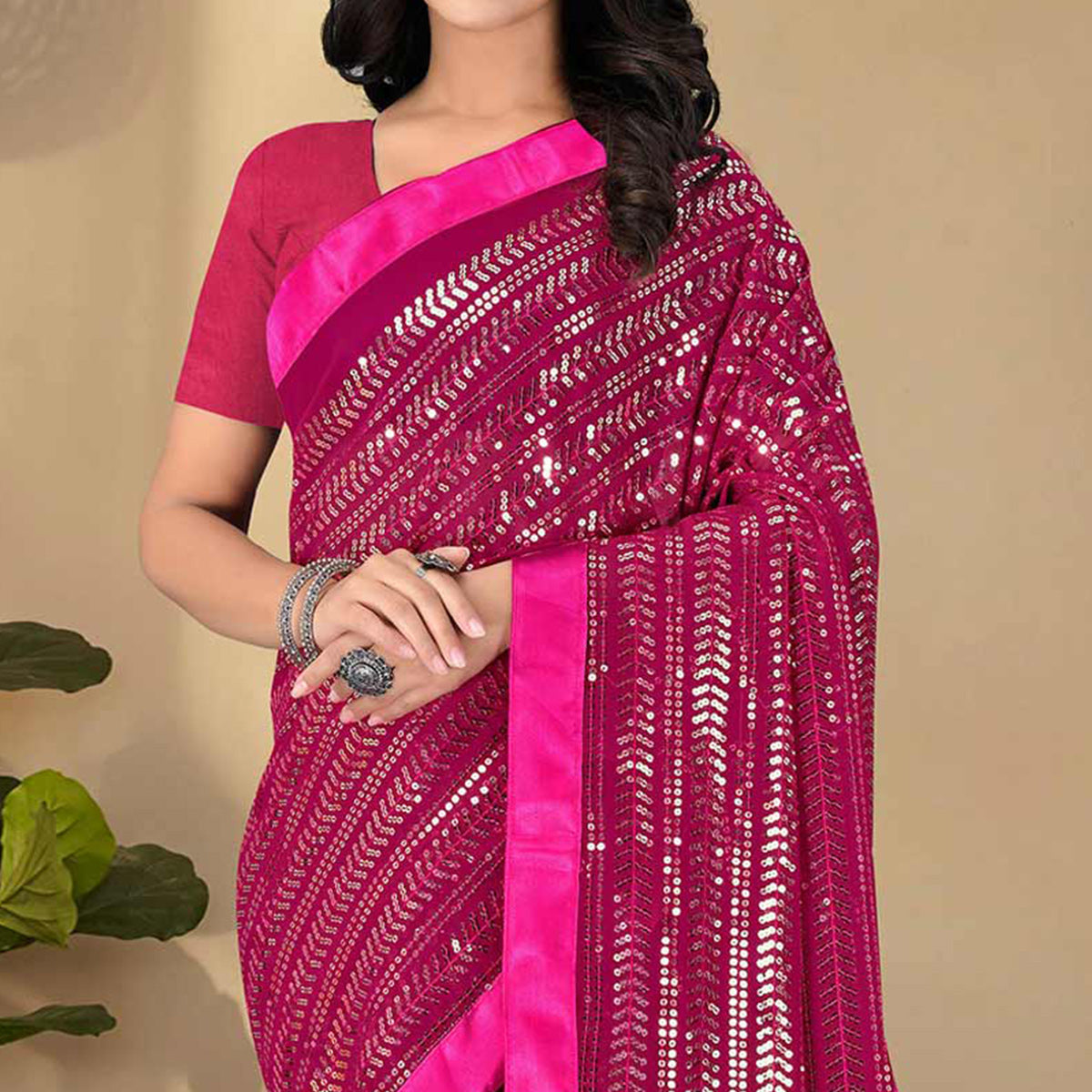 Pink Sequins Embroidered Georgette Saree