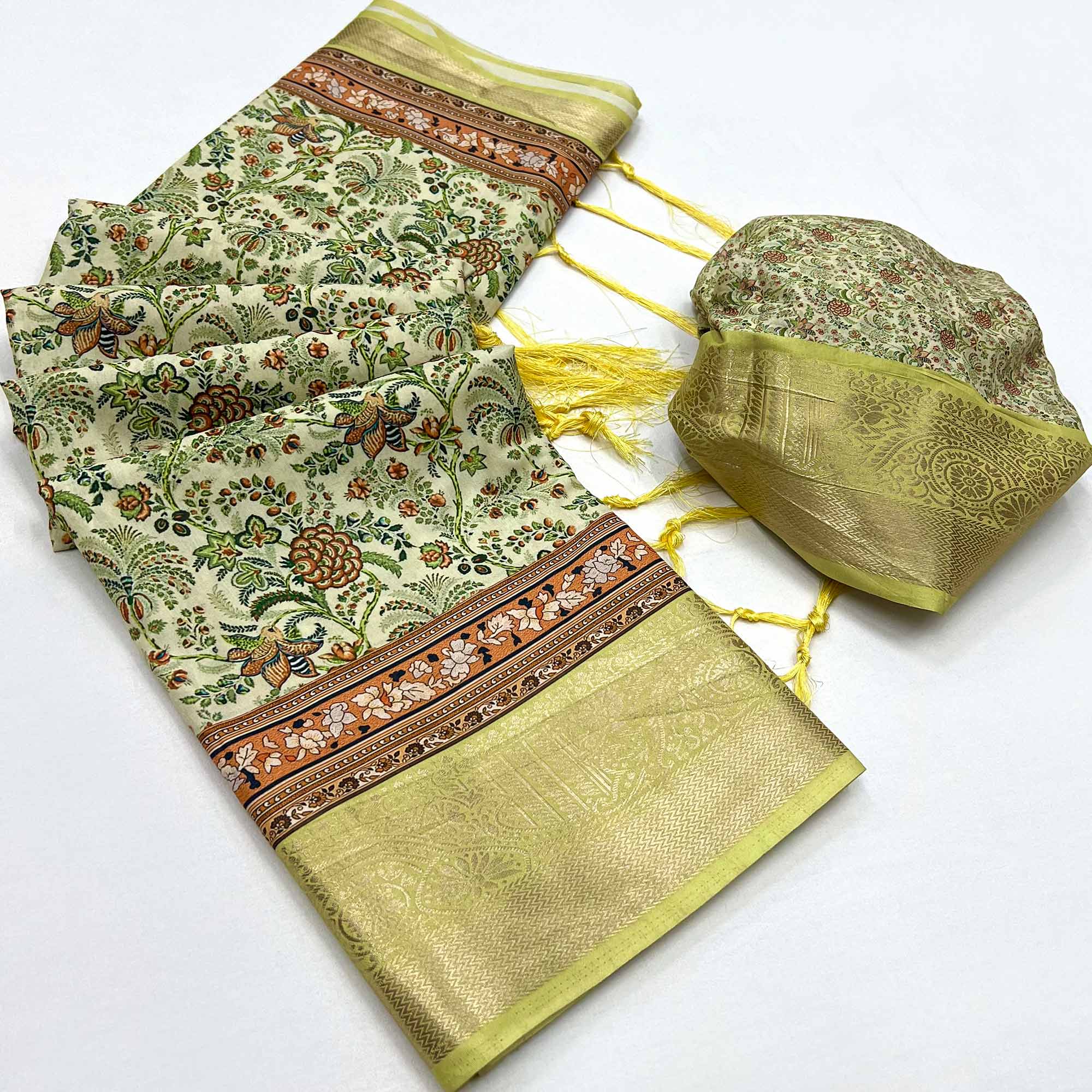 Green Floral Digital Printed Pure Cotton Saree