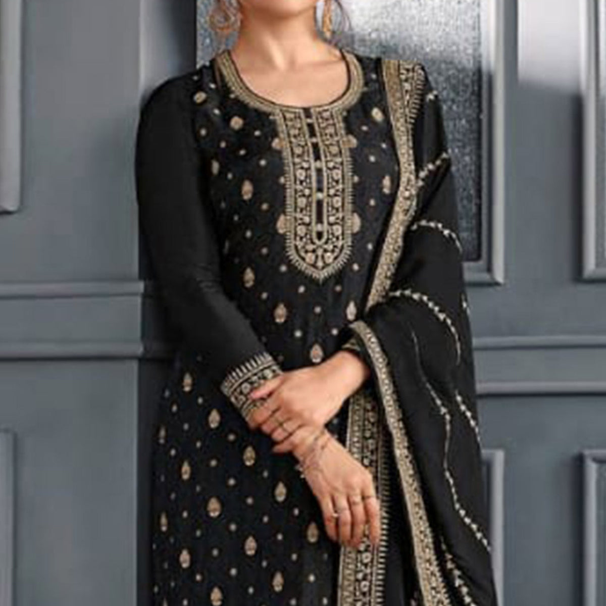 Black Woven With Sequins Embroidered Dola Silk Palazzo Suit