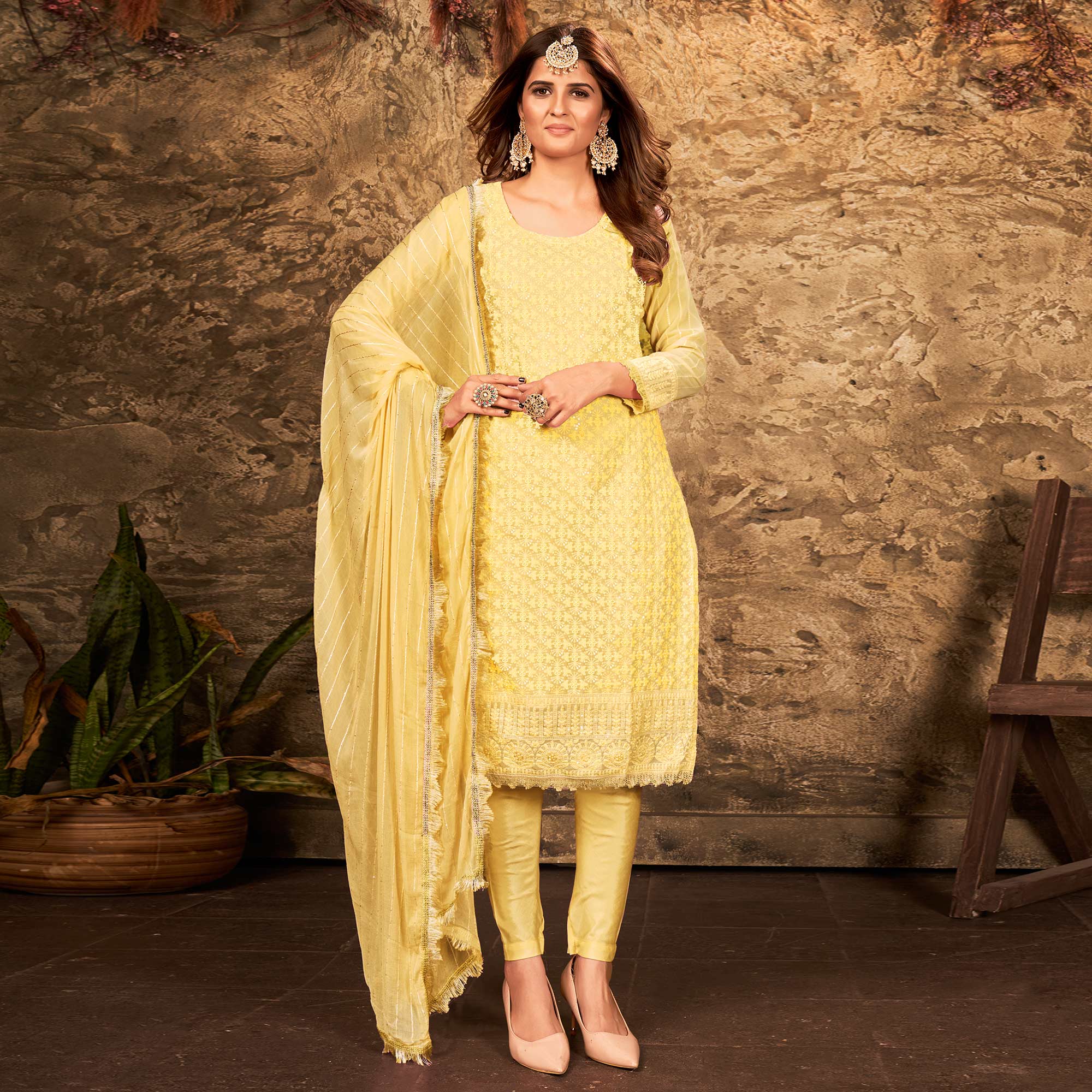 Yellow Floral Sequins Embroidered Georgette Suit