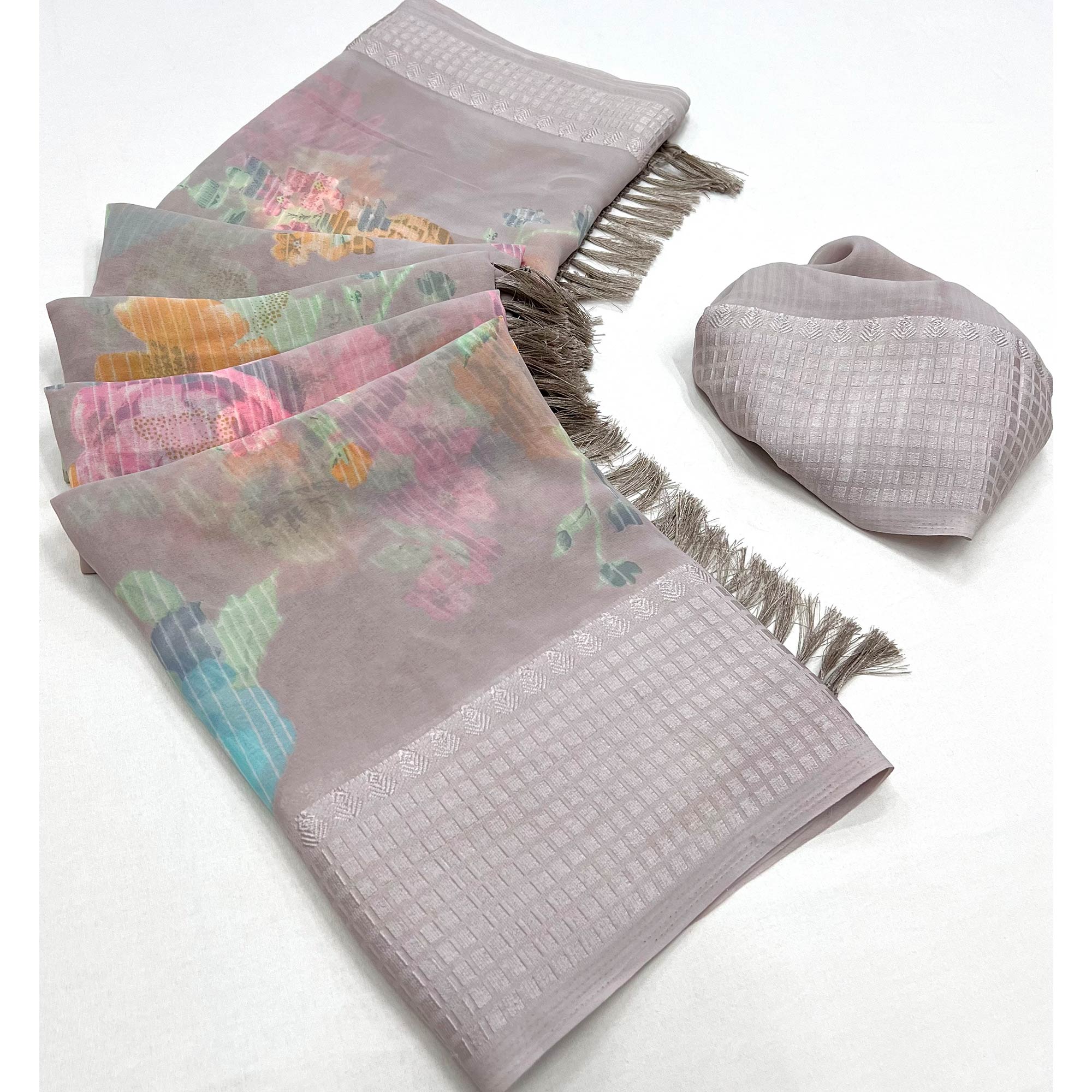 Grey Floral Printed Georgette Saree With Tassels