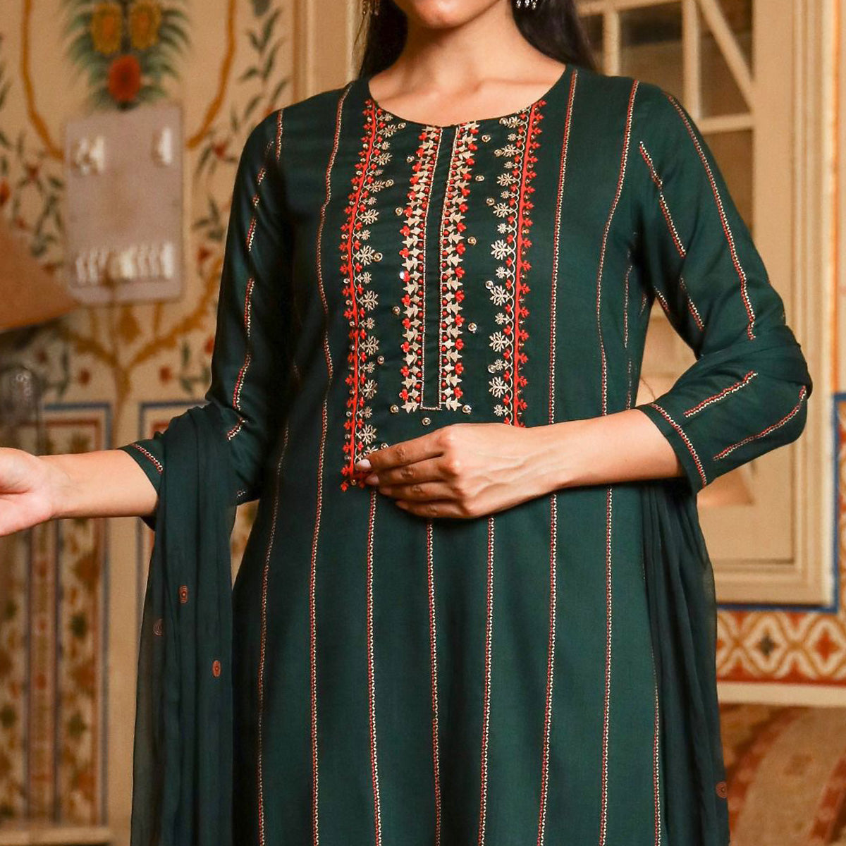 Green Printed With Embroidered Rayon Palazzo Suit