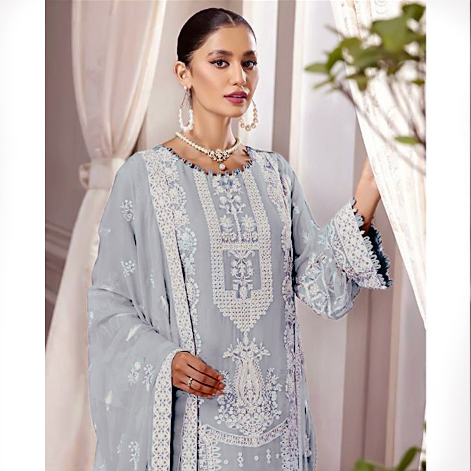 Grey Floral Embroidered Georgette Pakistani Suit