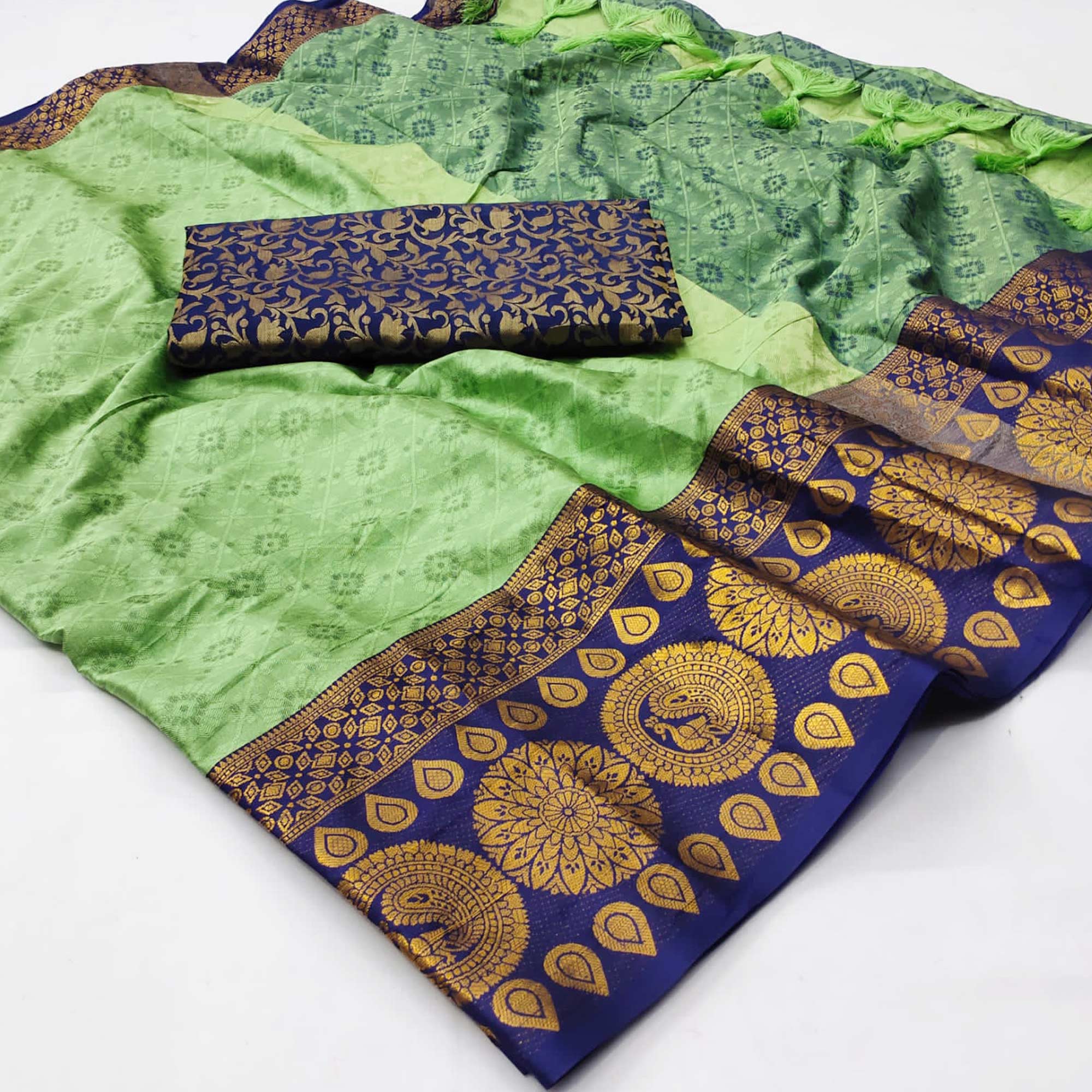 Pista Green Woven Cotton Silk Saree With Tassels