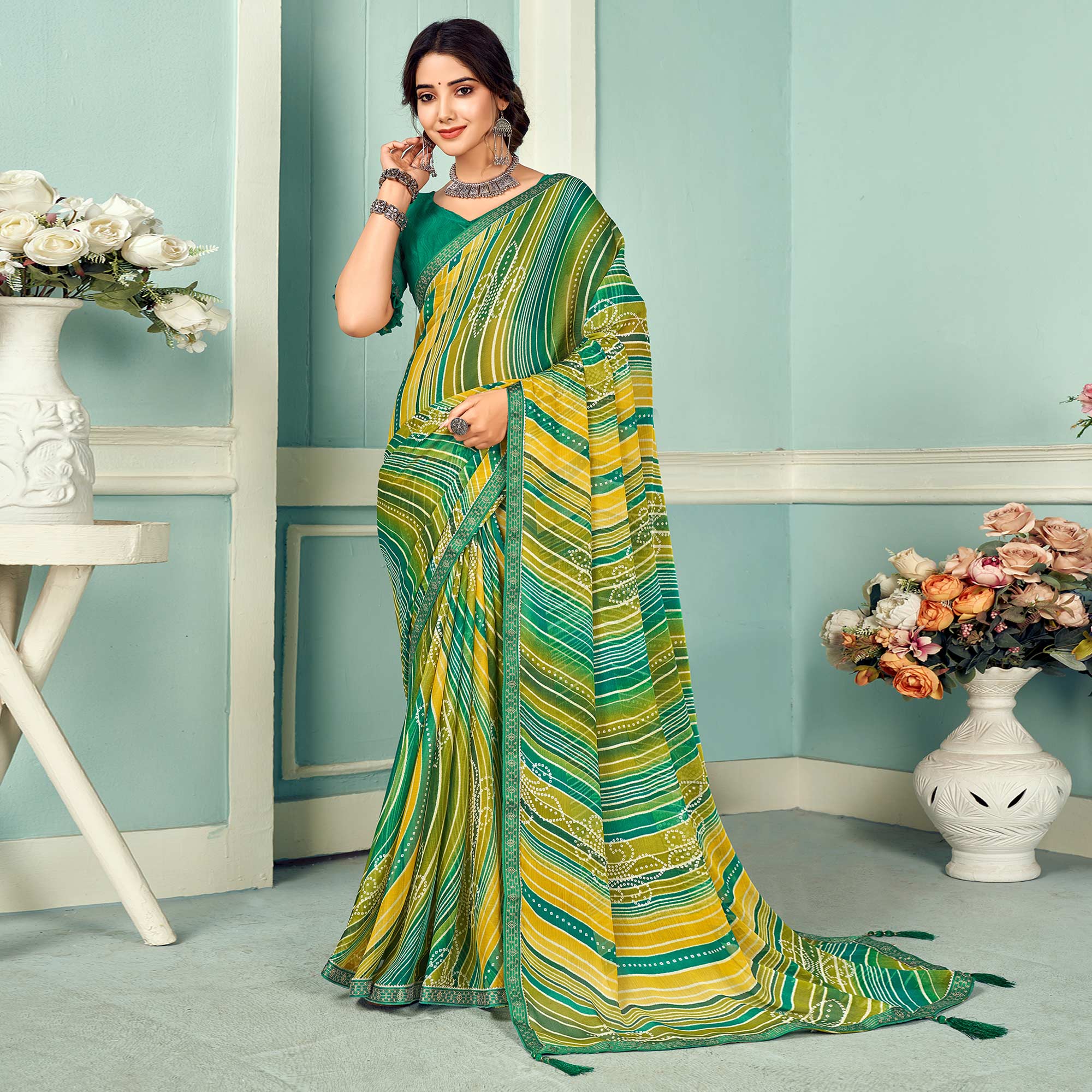 Green Yellow Digital Bandhani Printed Chiffon Saree With Tassels