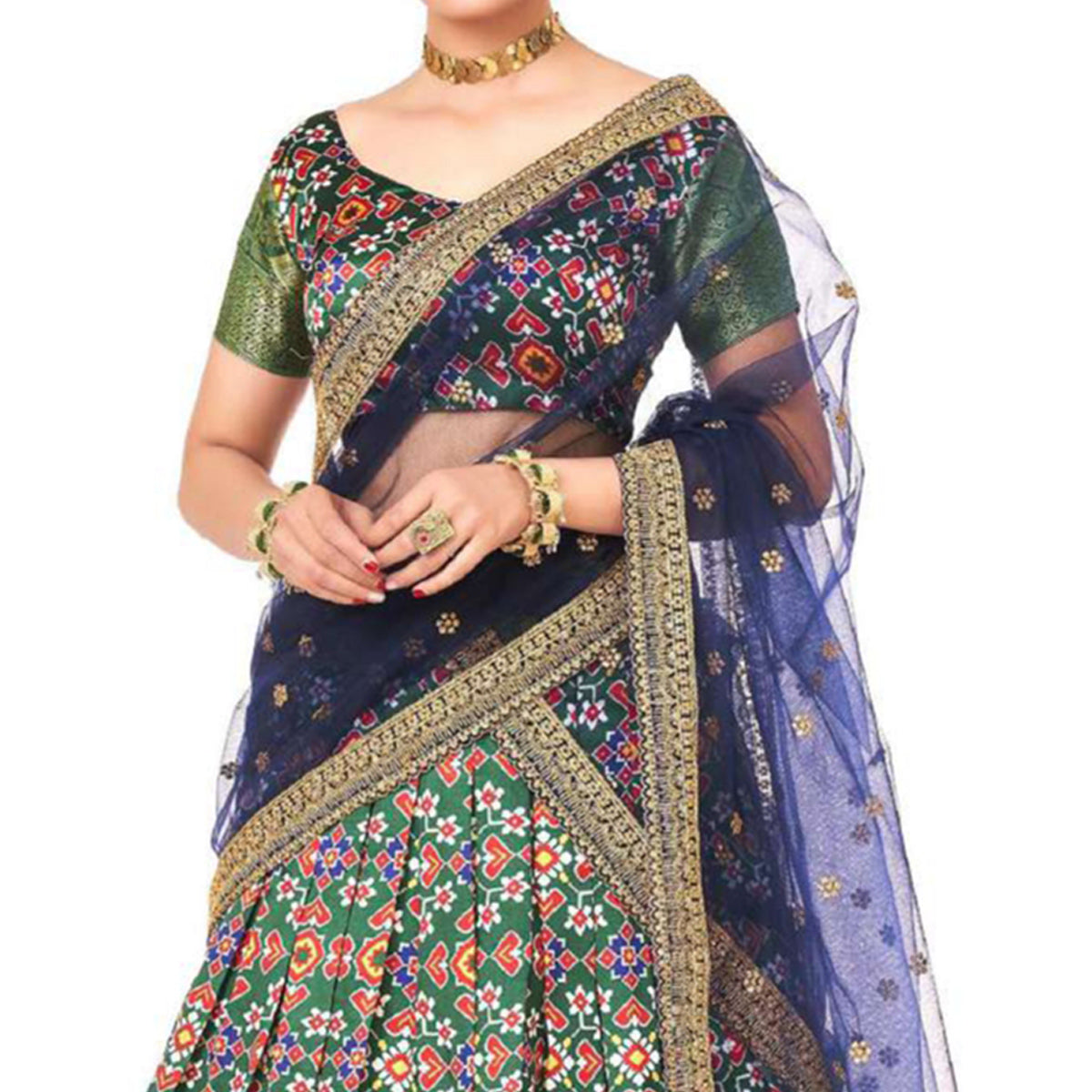 Dark Green Digital Printed With Zari Work Art Silk Lehenga Choli