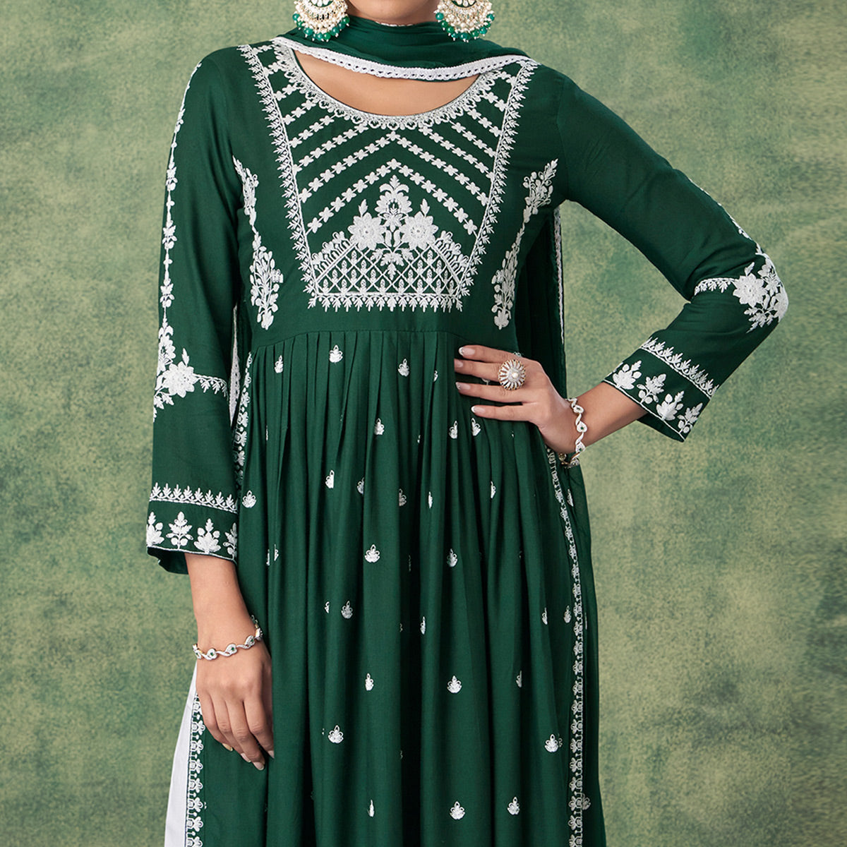 Green Lucknowi Work Rayon Naira Cut Palazzo Suit