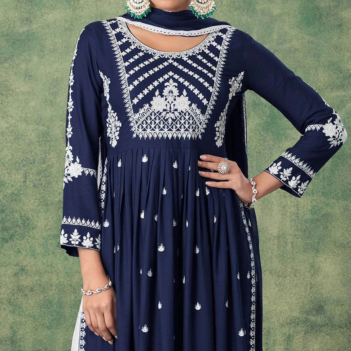 Navy Blue Lucknowi Work Rayon Naira Cut Palazzo Suit