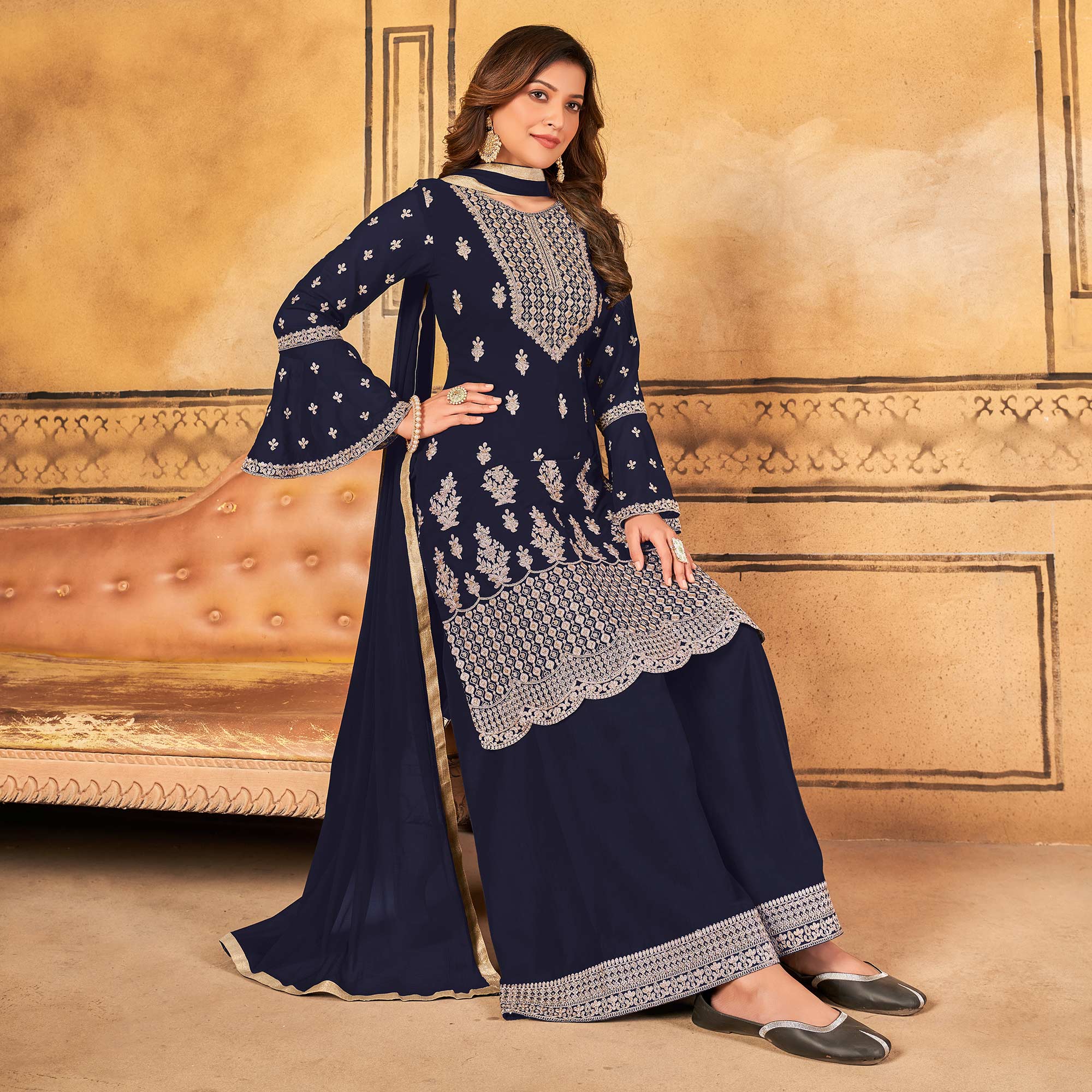 Navy Blue Floral Embroidered Georgette Palazzo Suit