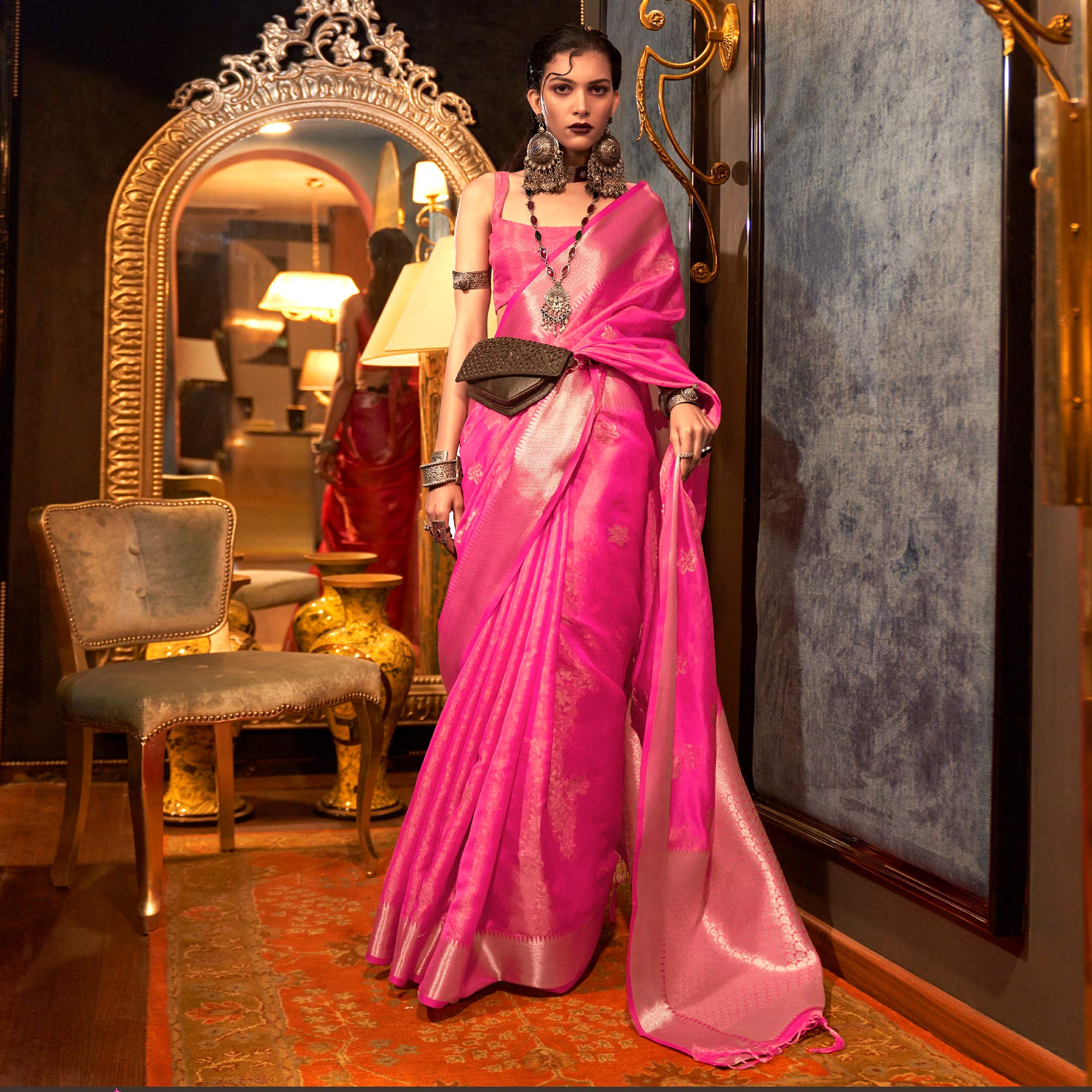 Pink Woven Organza Saree With Tassels