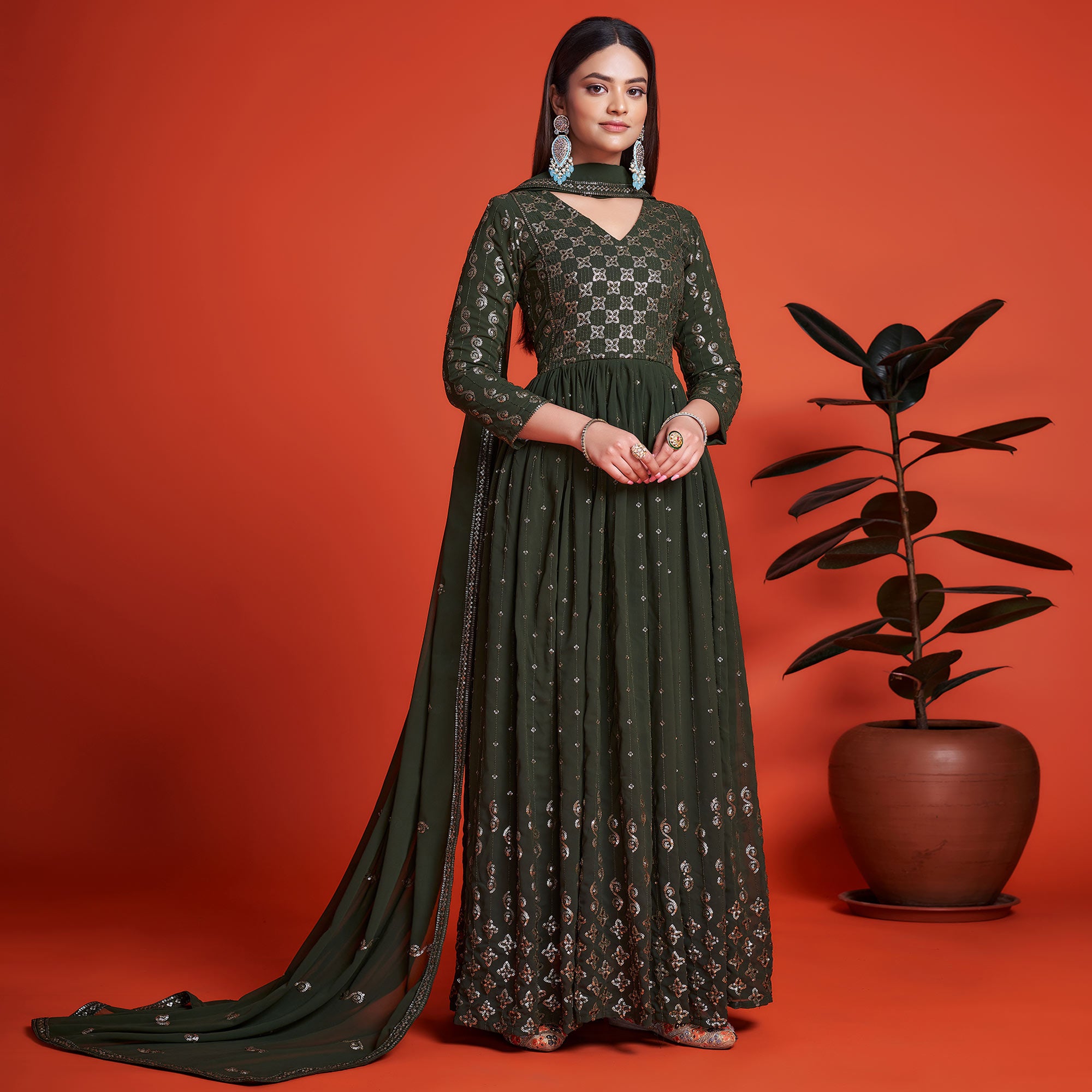 Mehendi Green Sequins Embroidered Georgette Gown With Dupatta