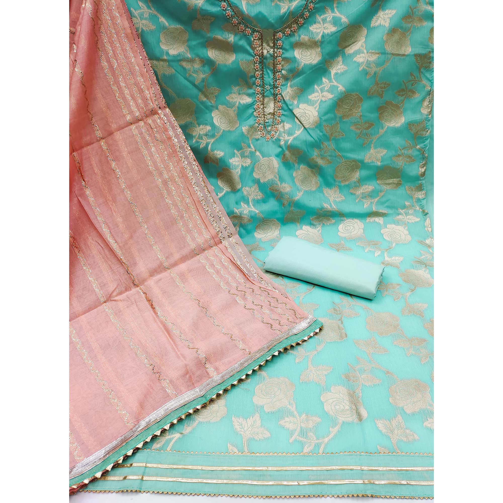 Sky Blue Woven Banarasi Silk Dress Material