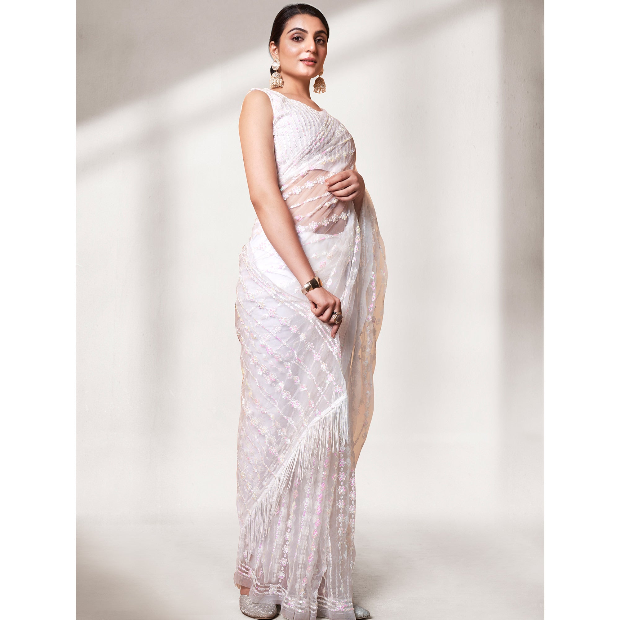 White Sequins Floral Embroidered Soft Net Saree