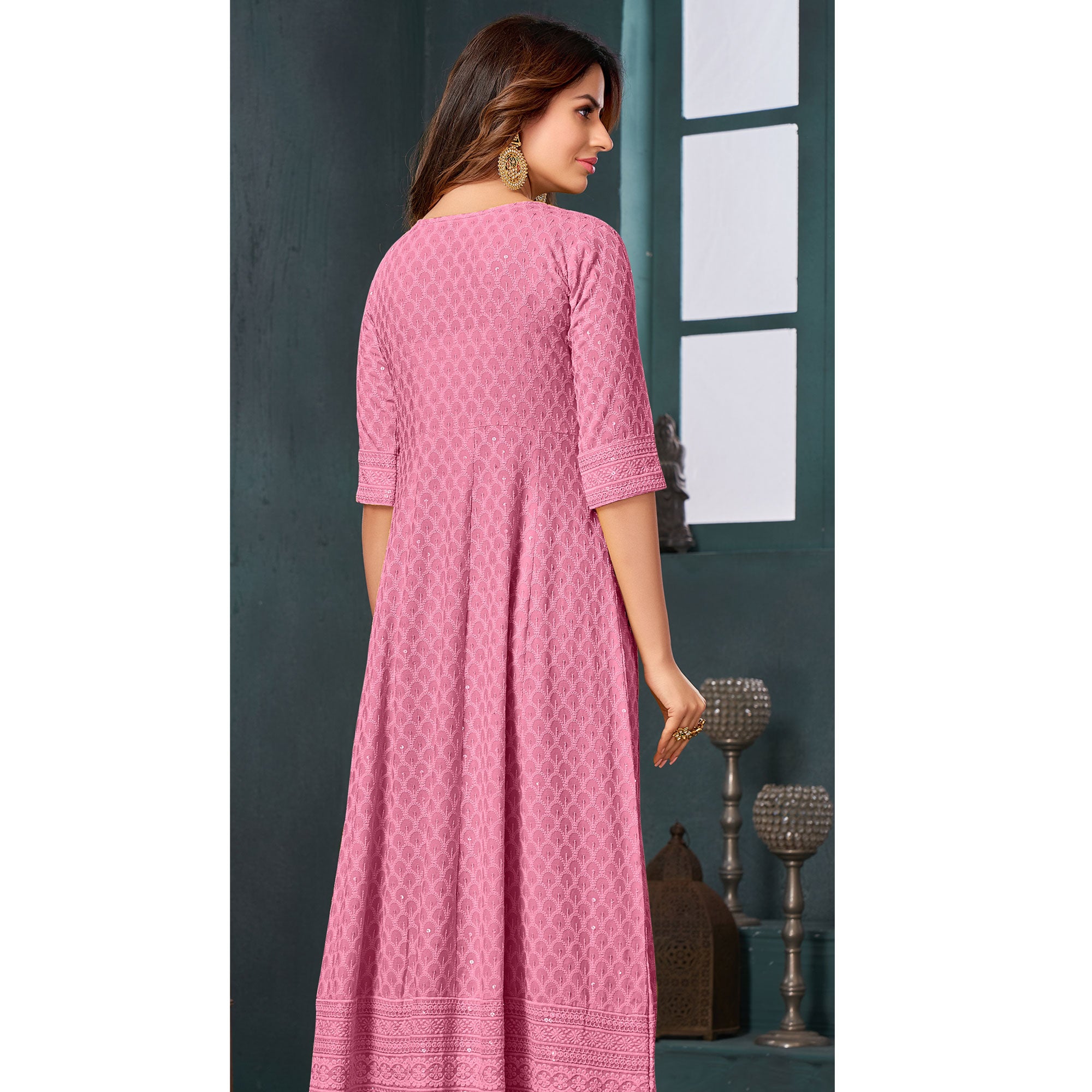 Pink Chikankari Work Aanarkali Style Rayon Kurti