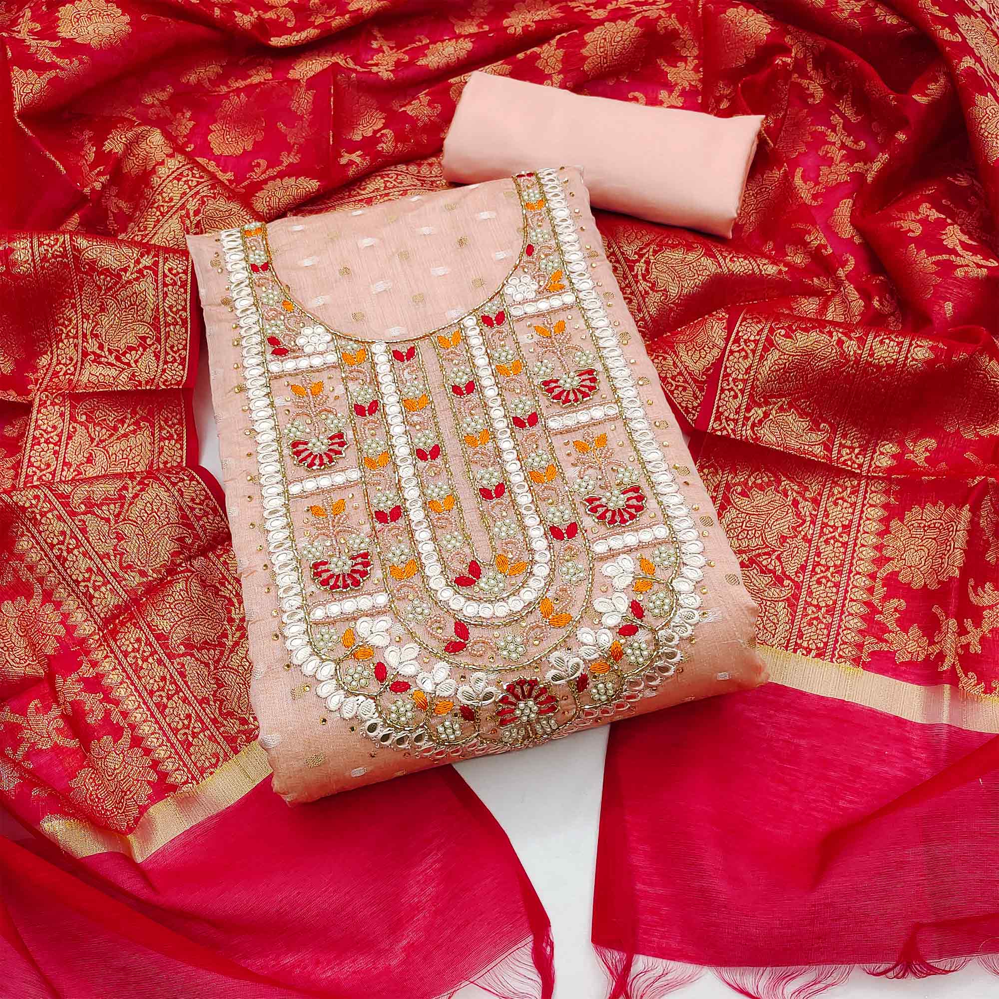 Peach Woven With Handwork Banarasi Silk Dress Material