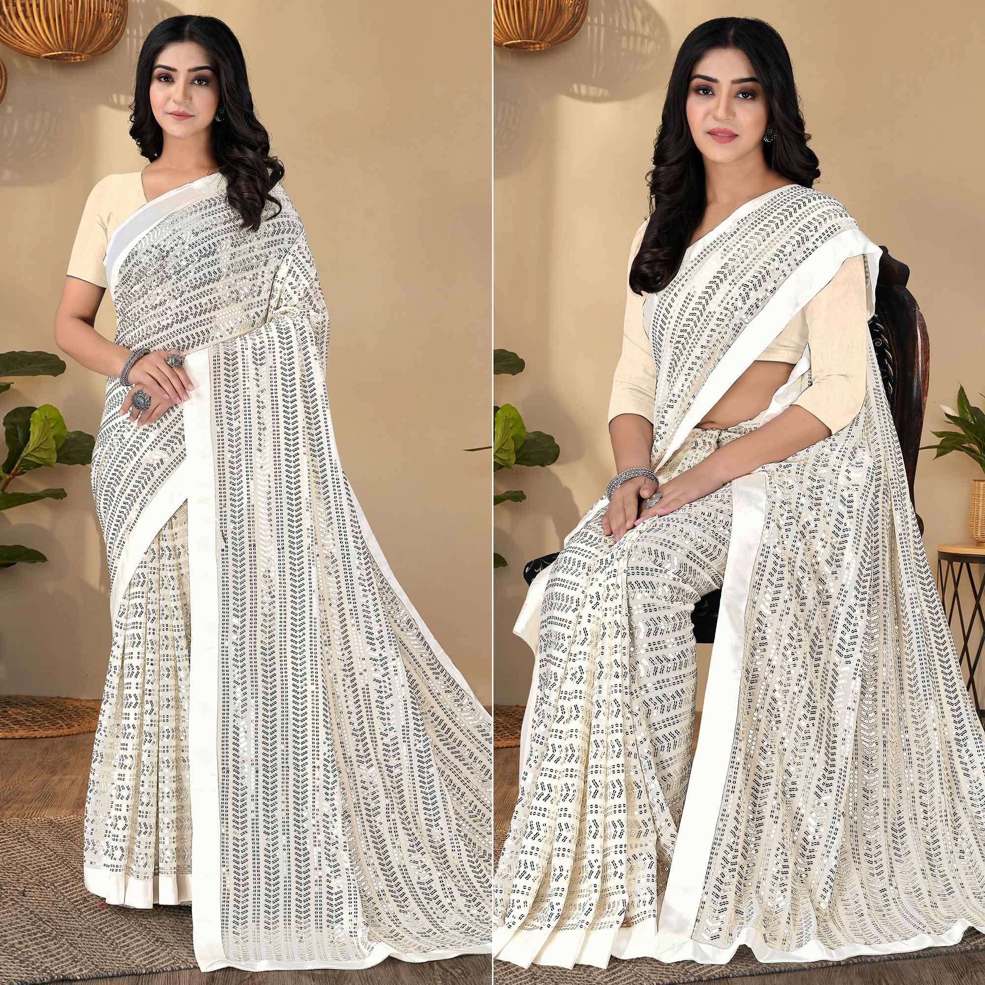 White Sequins Embroidered Georgette Saree