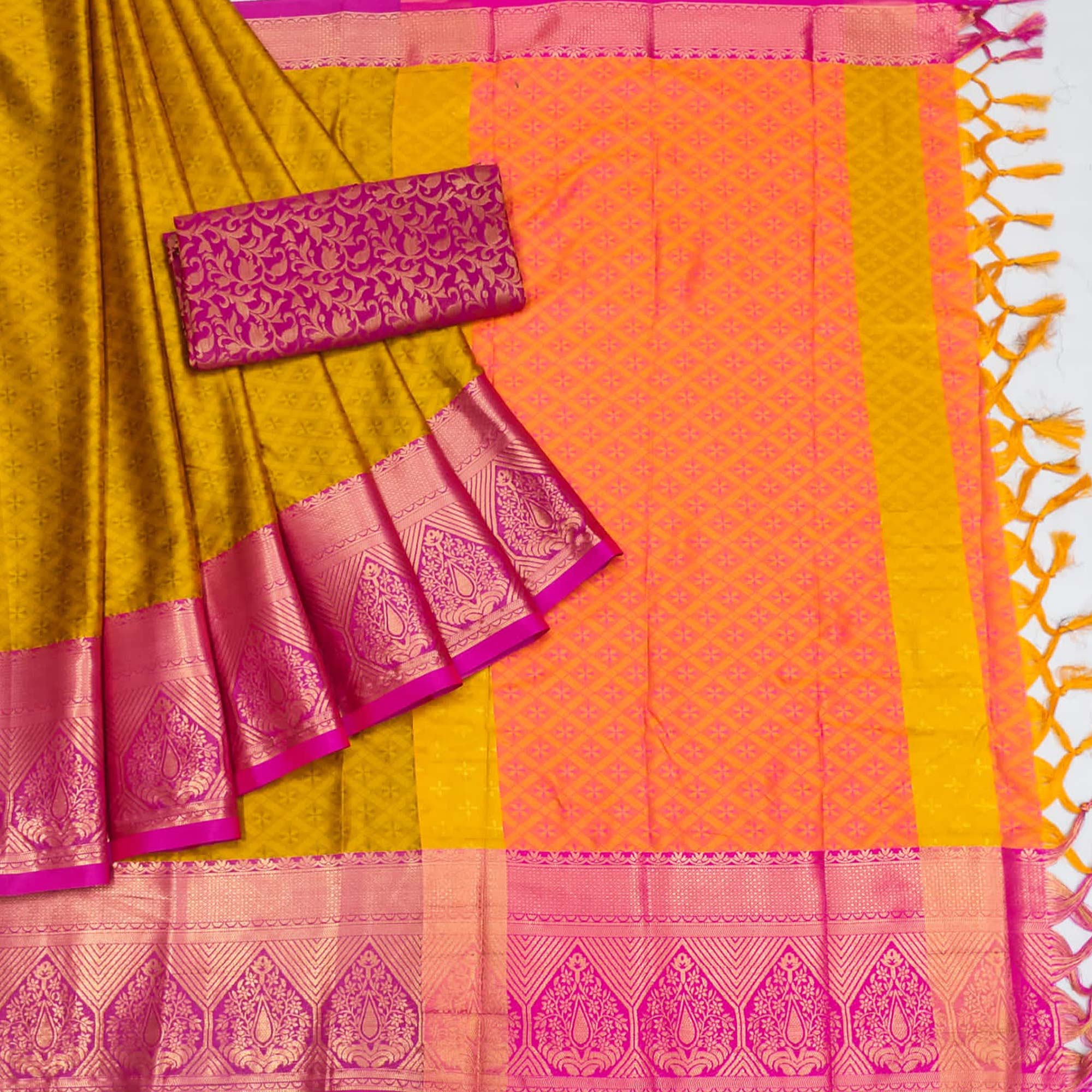 Gold Woven Cotton Silk Saree With Tassels