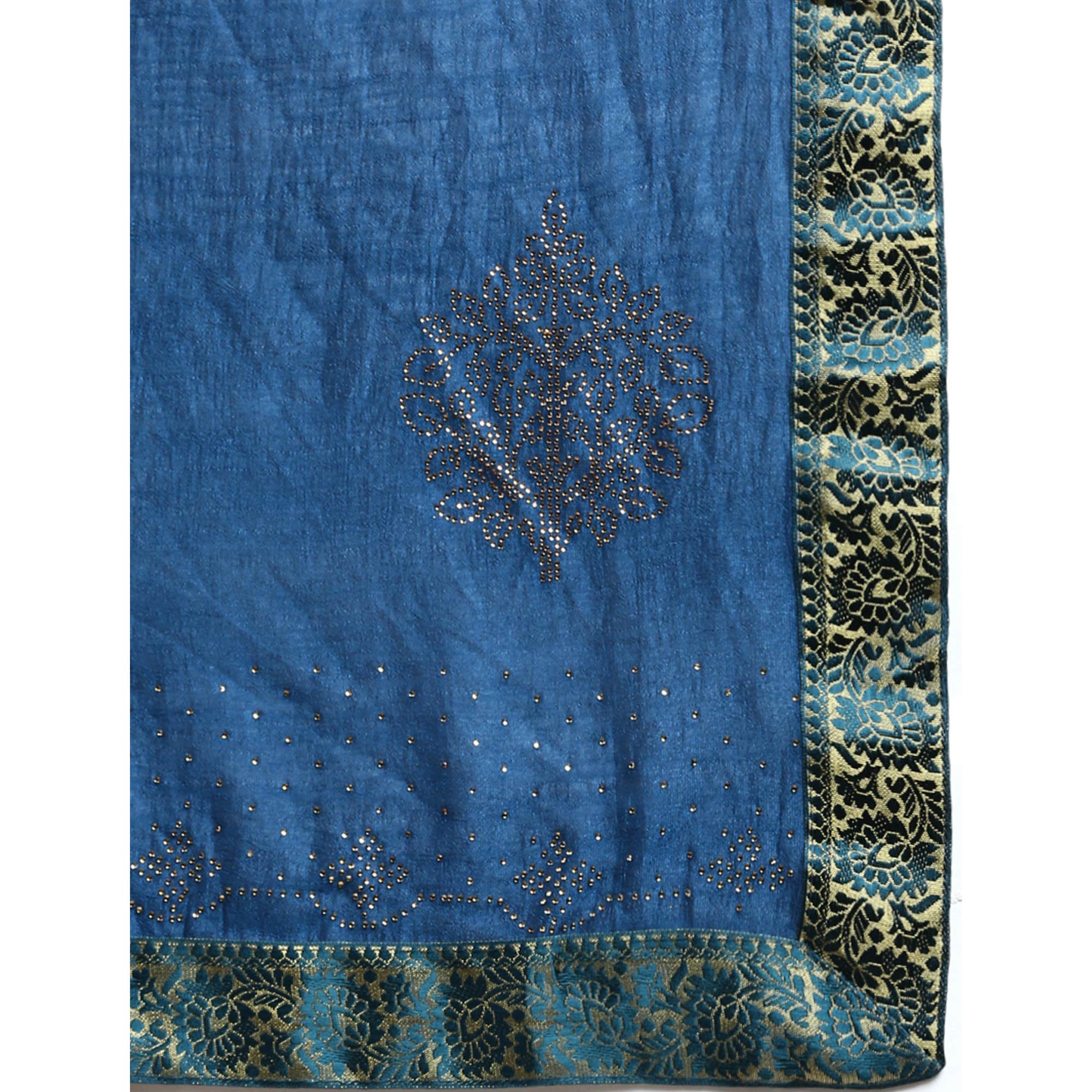 Blue Swaroski Work Vichitra Silk Saree