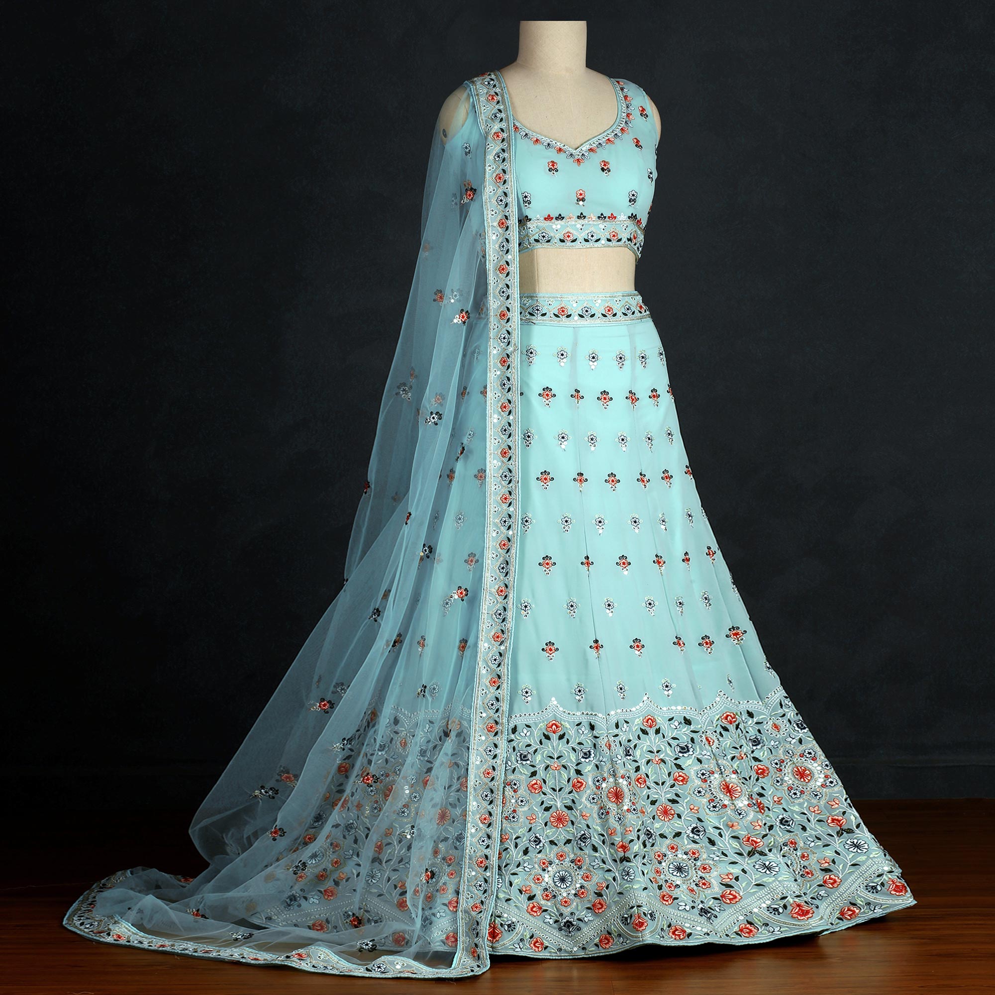 Aqua Blue Sequins Embroidered Georgette Lehenga Choli