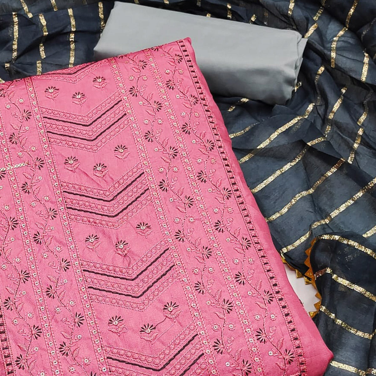 Gajari Pink Floral Sequins Embroidered Raw Silk Dress Material