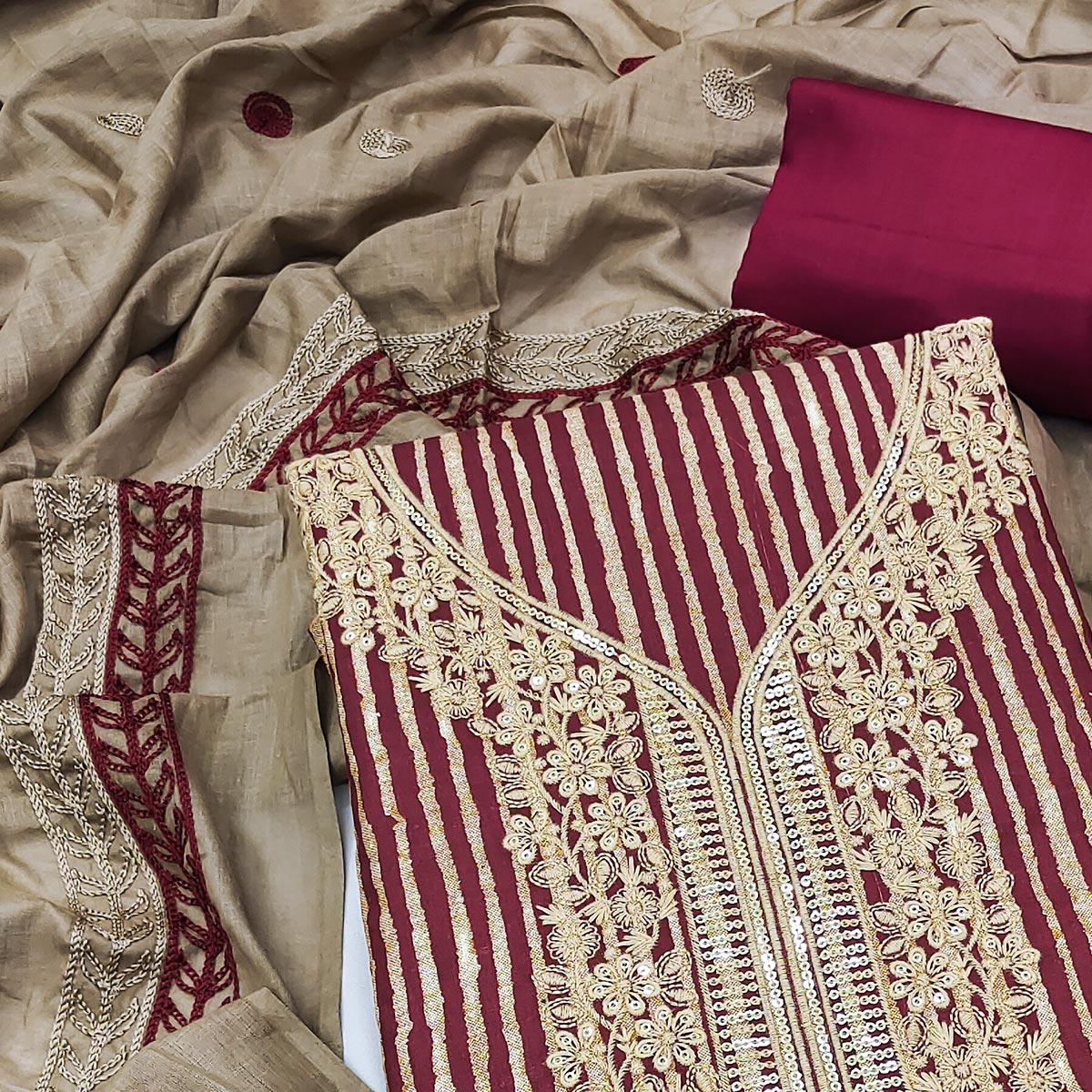 Maroon Printed With Sequins Embroidered Pure Cotton Dress Material